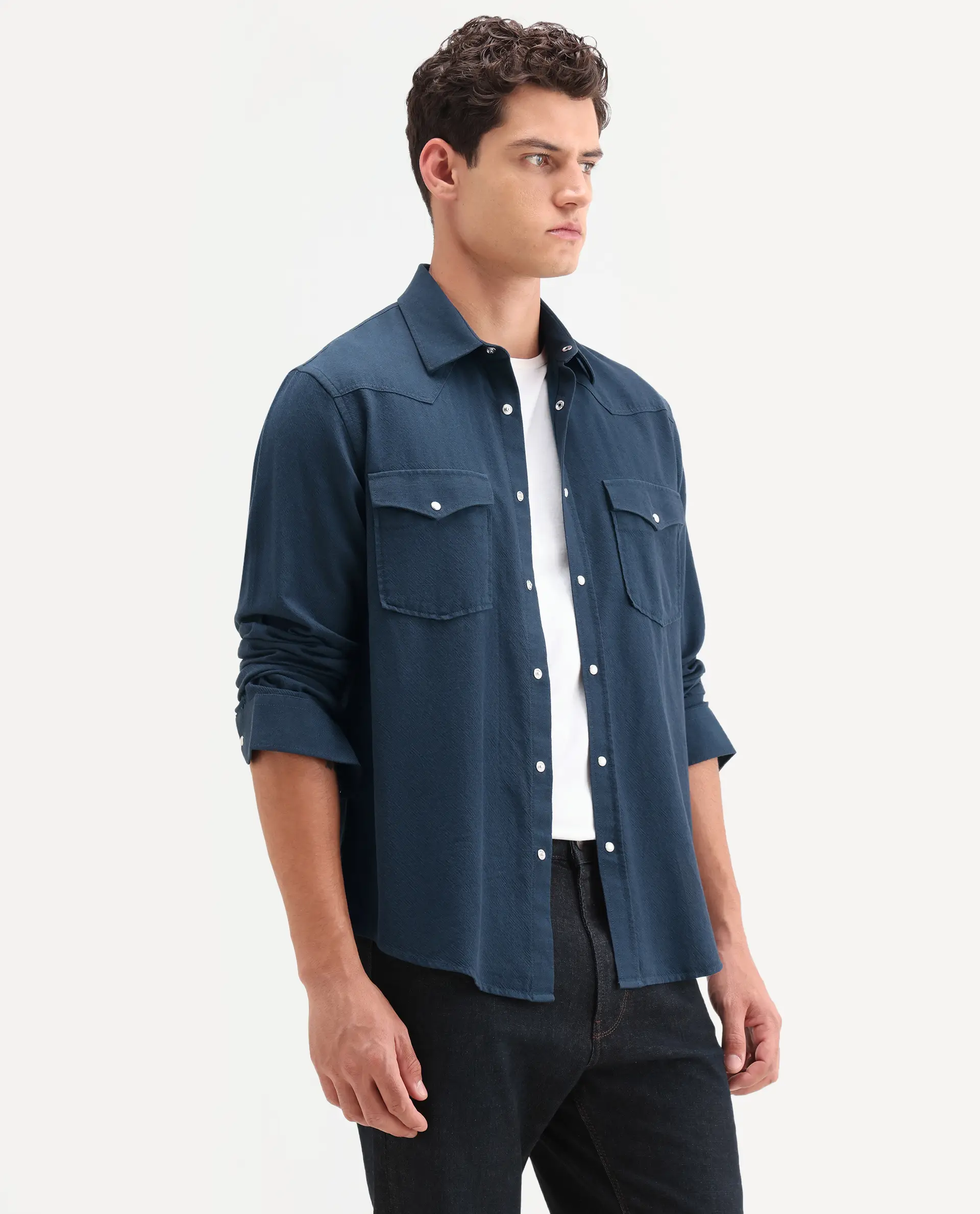 Rare Rabbit Men's Haxlr 26 Navy Cotton Blend Fabric Full Sleeve Spread Collar Snap Button Regular Fit Plain Shirt - Image 6