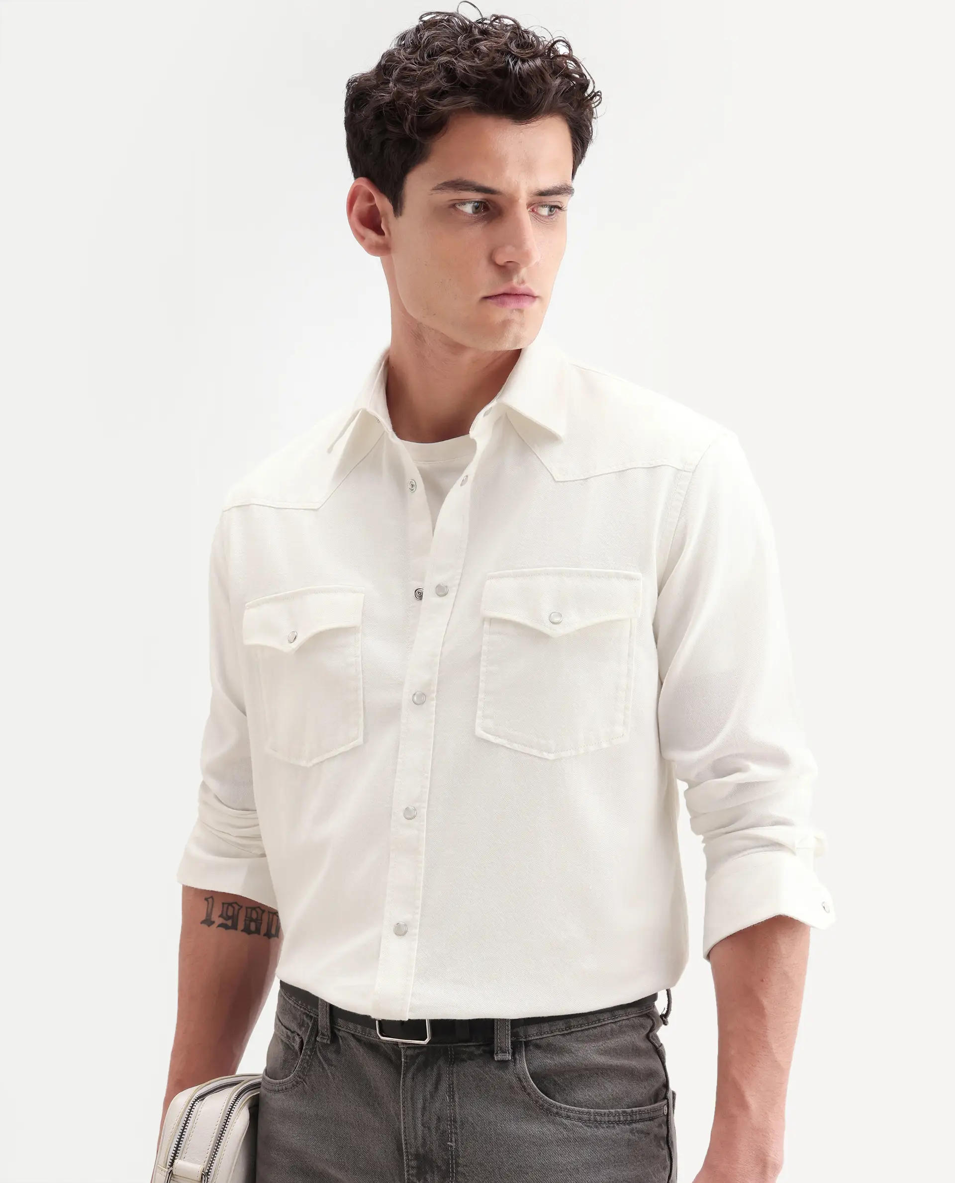 Rare Rabbit Men's Haxlr 26 Off White Cotton Blend Fabric Full Sleeve Spread Collar Snap Button Regular Fit Plain Shirt