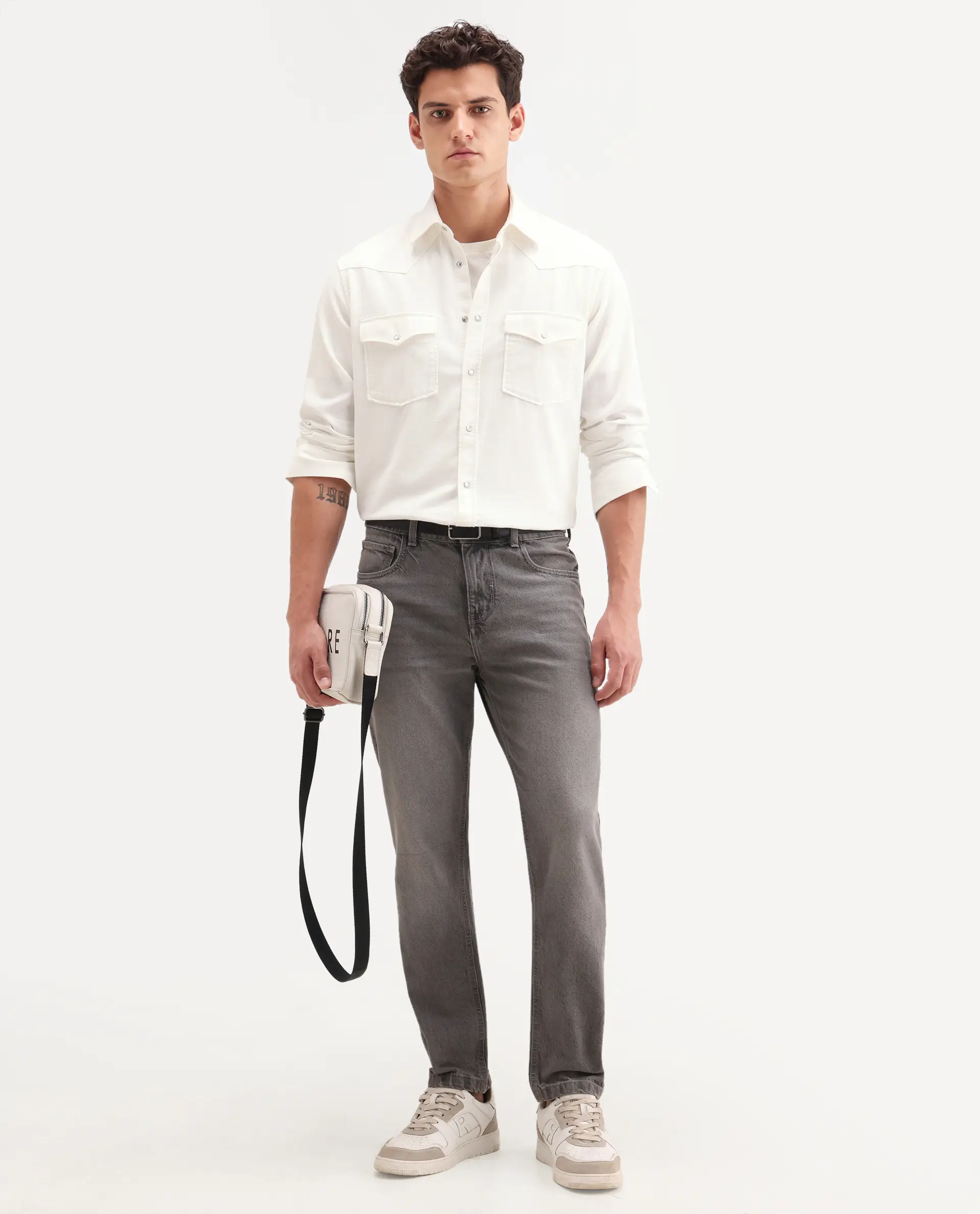Rare Rabbit Men's Haxlr 26 Off White Cotton Blend Fabric Full Sleeve Spread Collar Snap Button Regular Fit Plain Shirt - Image 2