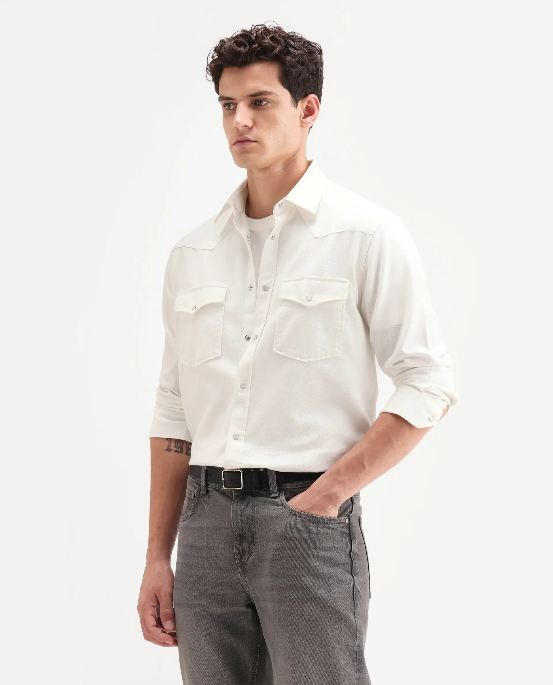 Rare Rabbit Men's Haxlr 26 Off White Cotton Blend Fabric Full Sleeve Spread Collar Snap Button Regular Fit Plain Shirt - Image 4