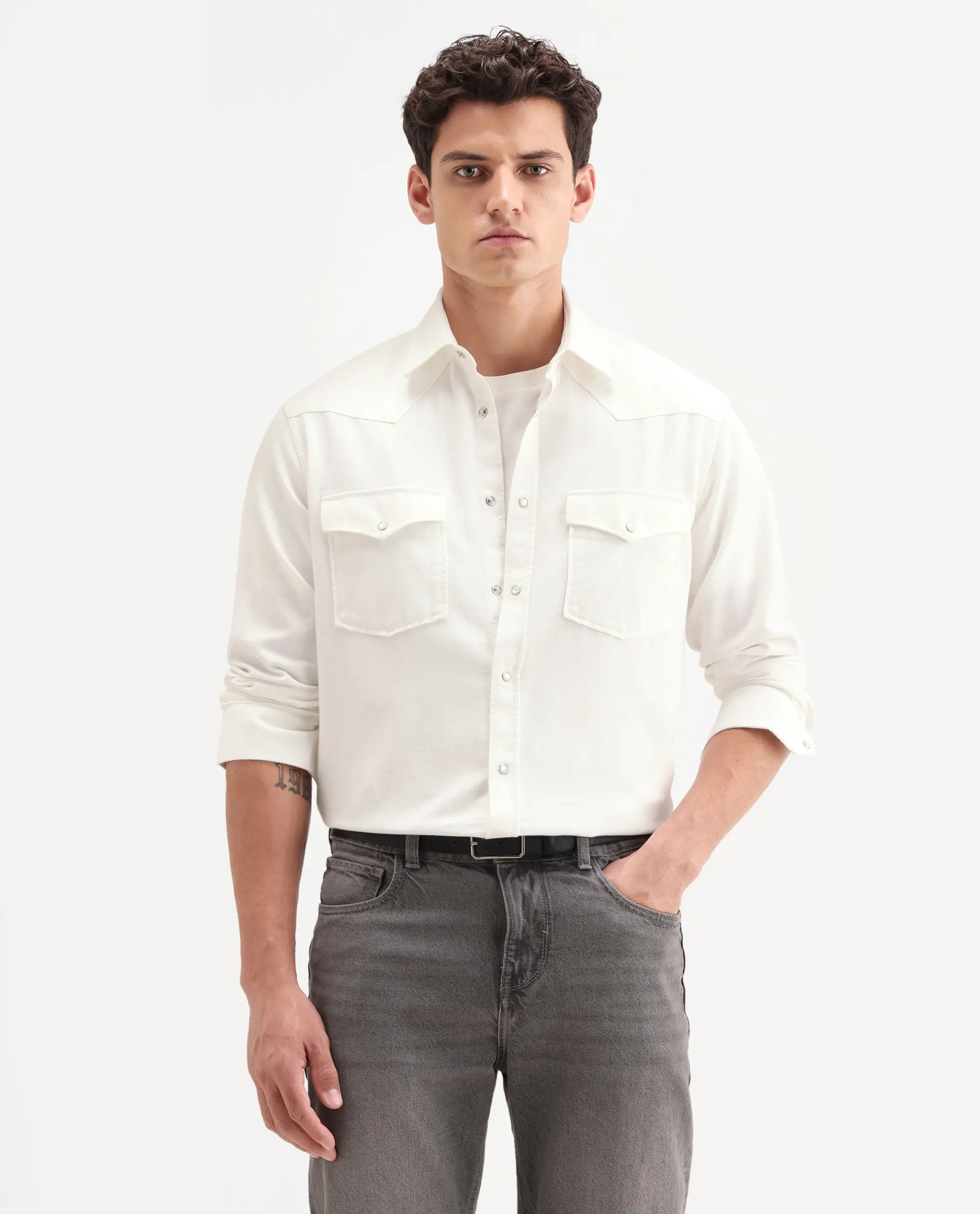 Rare Rabbit Men's Haxlr 26 Off White Cotton Blend Fabric Full Sleeve Spread Collar Snap Button Regular Fit Plain Shirt - Image 5