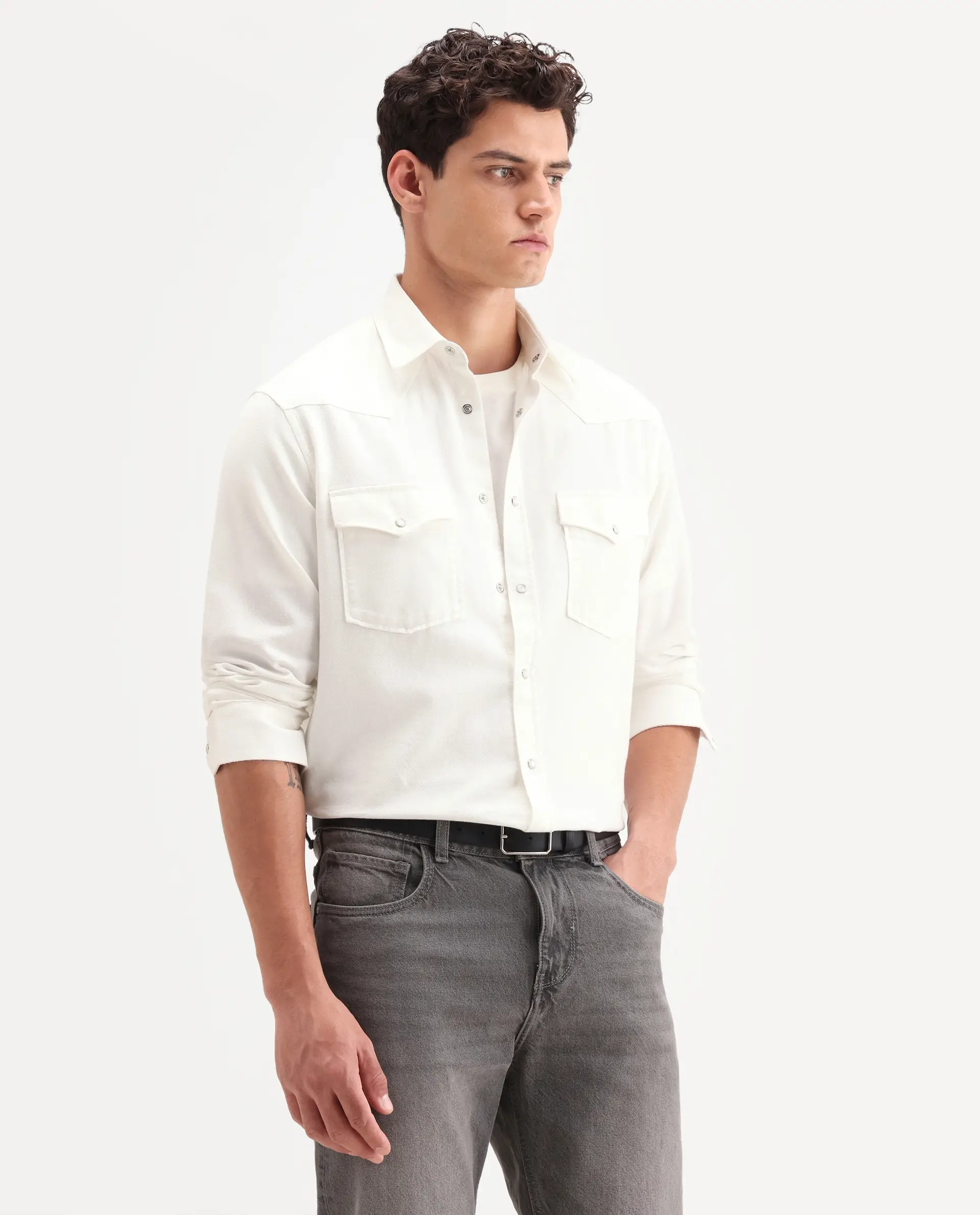 Rare Rabbit Men's Haxlr 26 Off White Cotton Blend Fabric Full Sleeve Spread Collar Snap Button Regular Fit Plain Shirt - Image 6