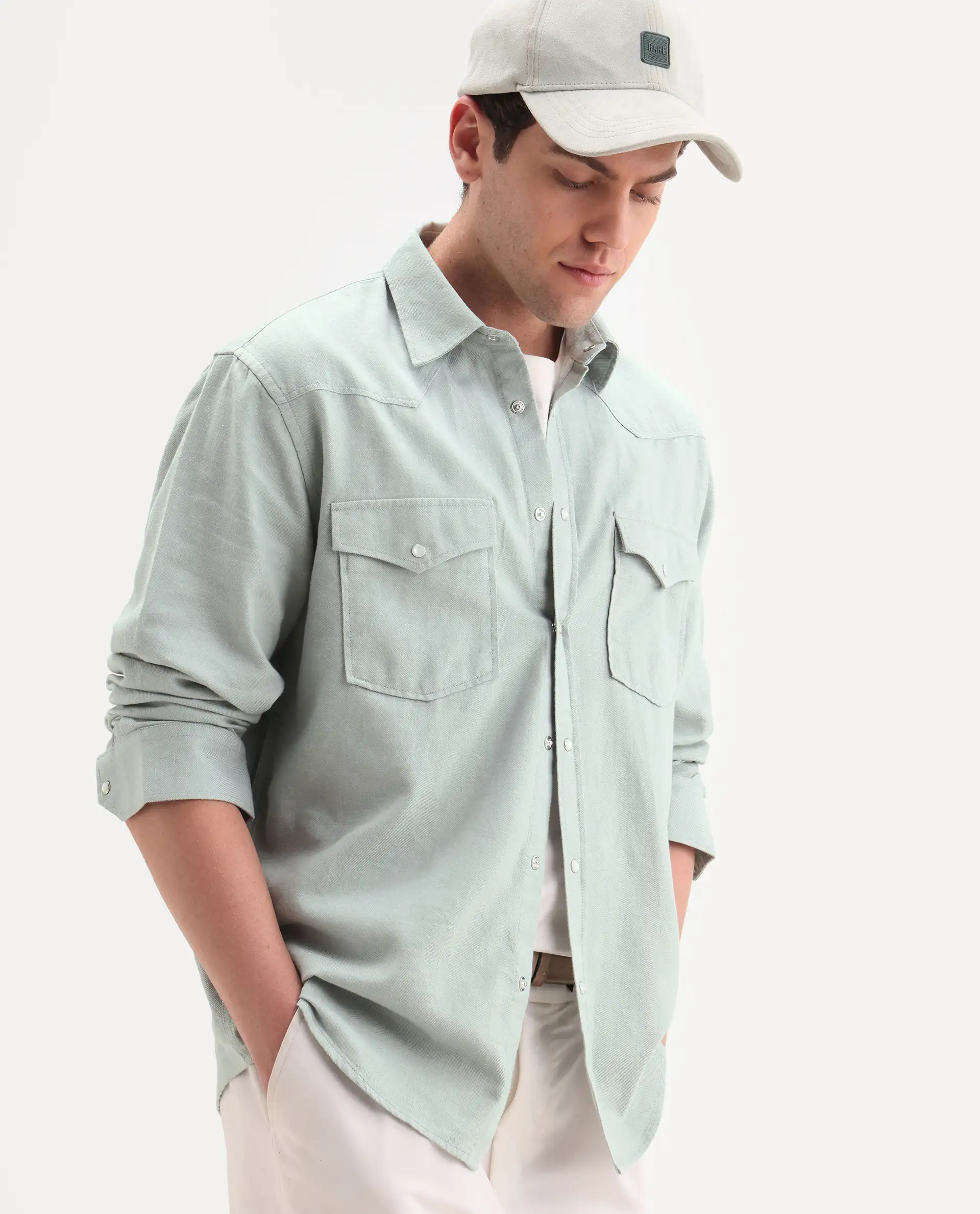 Rare Rabbit Men's Haxlr 26 Pastel Green Cotton Blend Fabric Full Sleeve Spread Collar Snap Button Regular Fit Plain Shirt