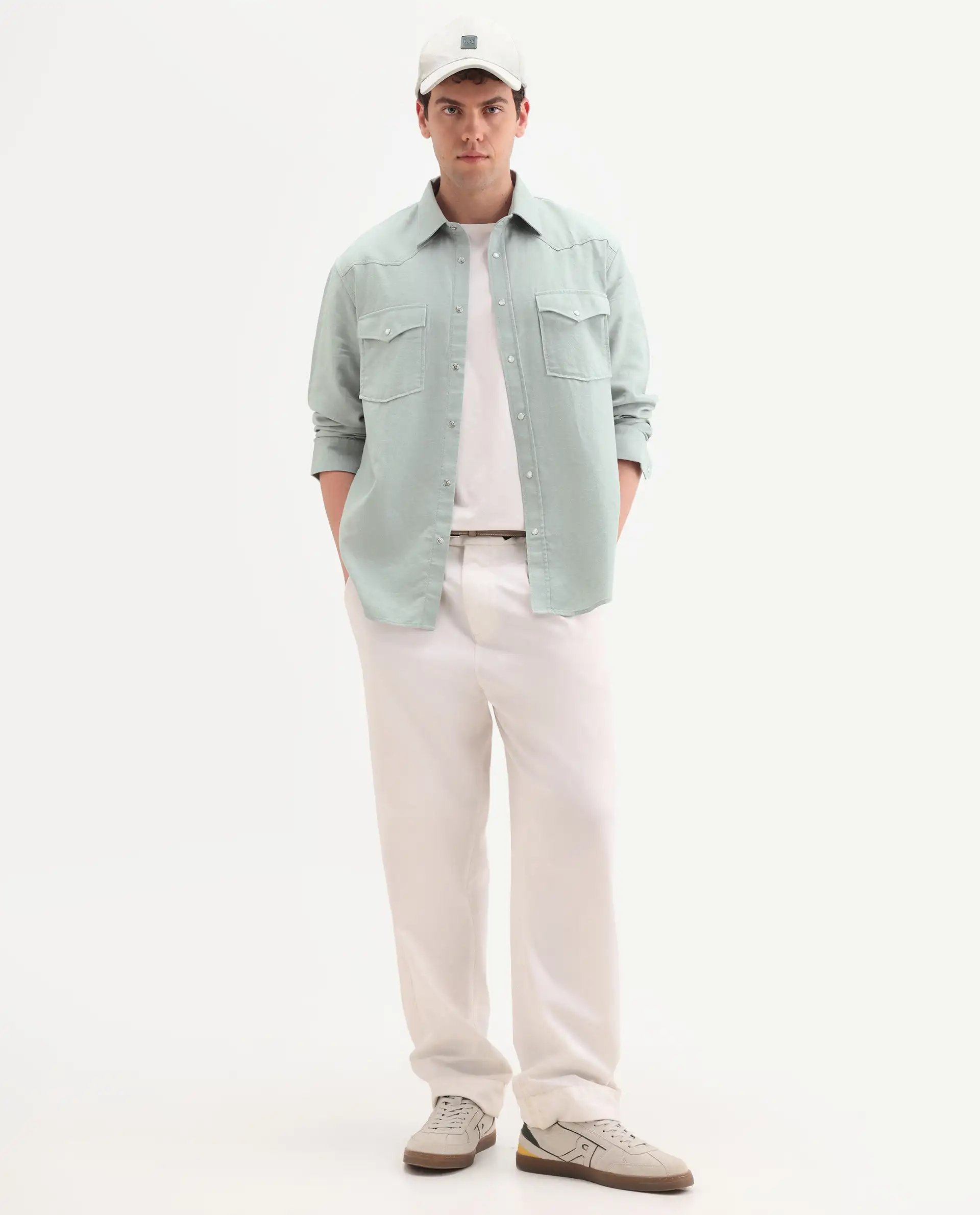 Rare Rabbit Men's Haxlr 26 Pastel Green Cotton Blend Fabric Full Sleeve Spread Collar Snap Button Regular Fit Plain Shirt - Image 2