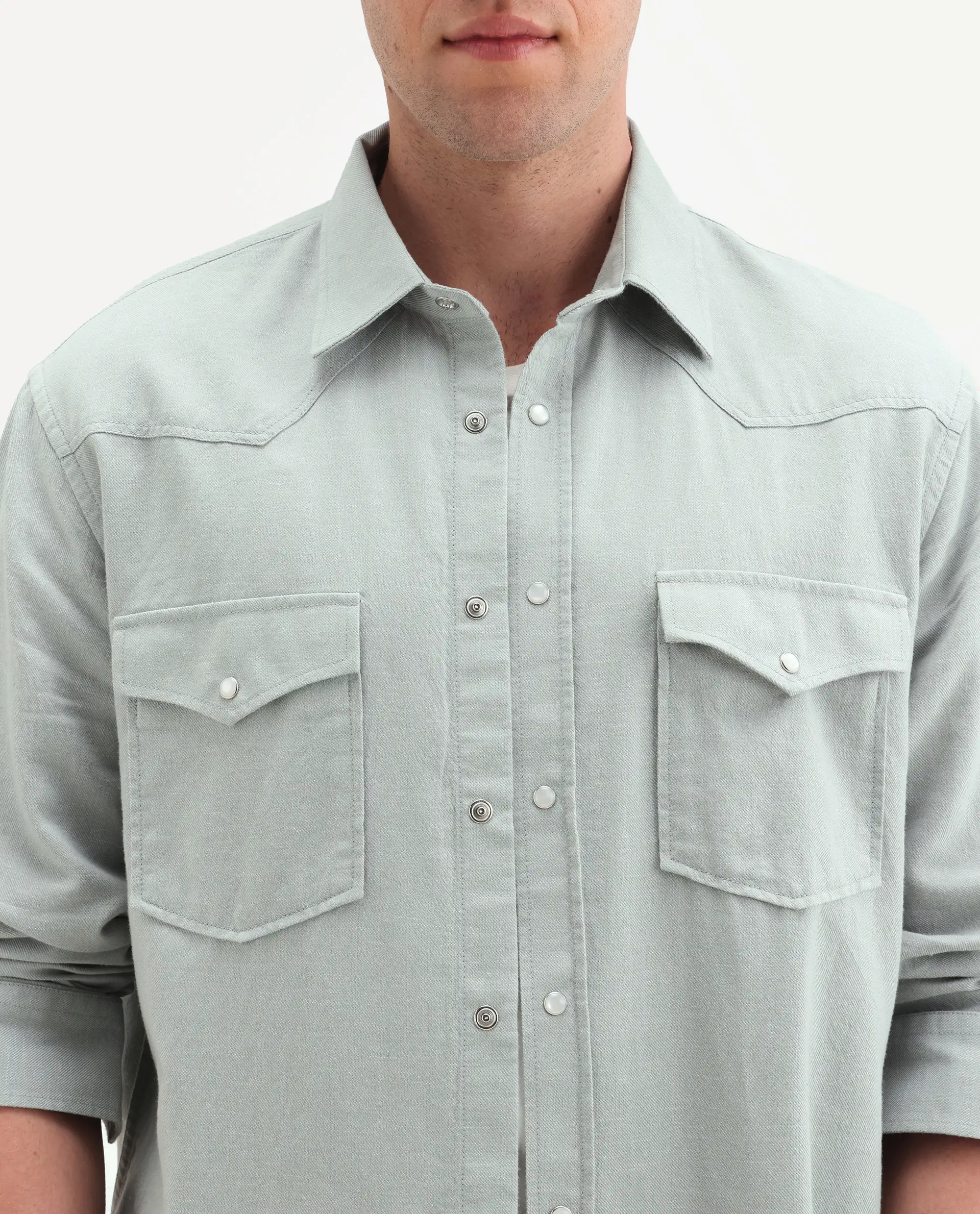 Rare Rabbit Men's Haxlr 26 Pastel Green Cotton Blend Fabric Full Sleeve Spread Collar Snap Button Regular Fit Plain Shirt - Image 3