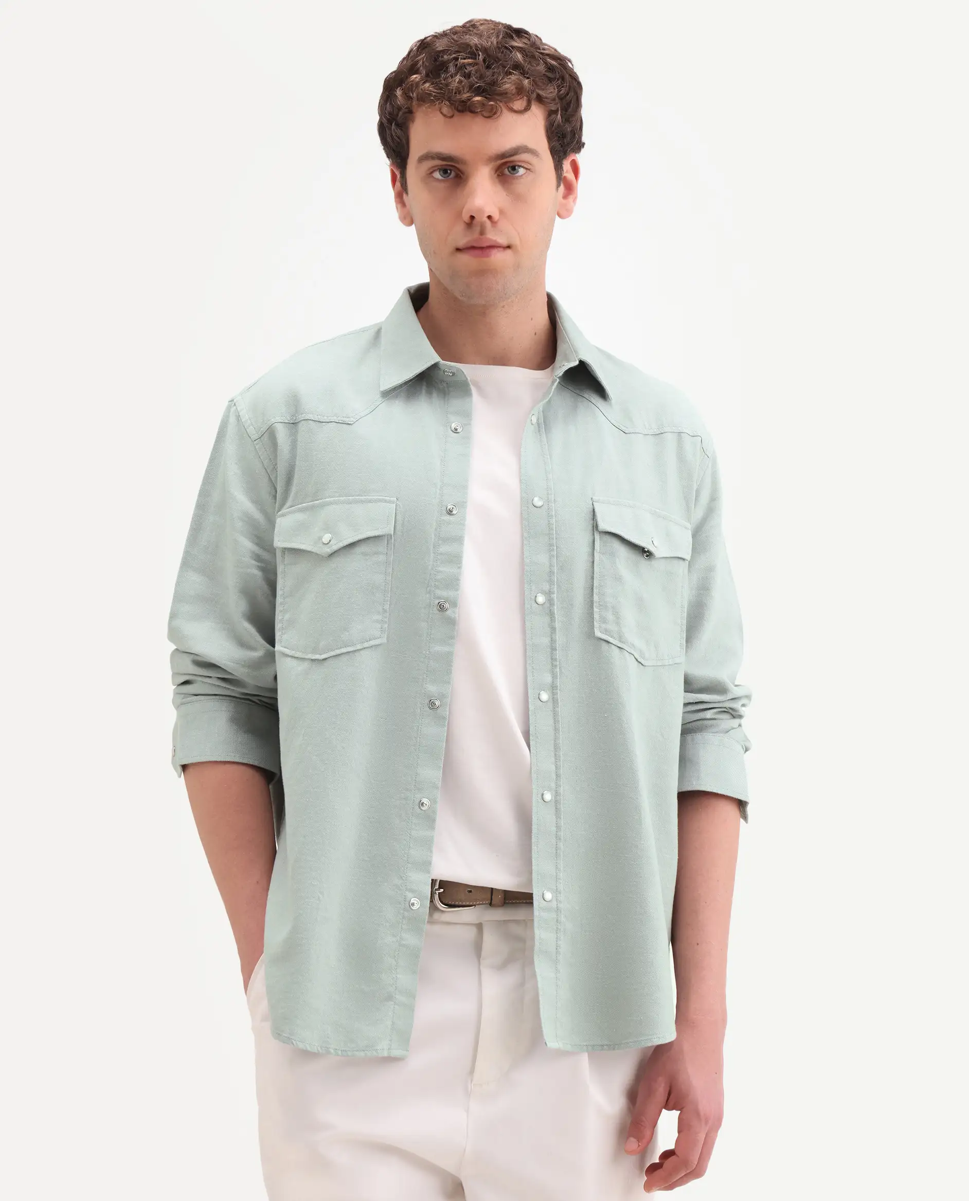Rare Rabbit Men's Haxlr 26 Pastel Green Cotton Blend Fabric Full Sleeve Spread Collar Snap Button Regular Fit Plain Shirt - Image 4