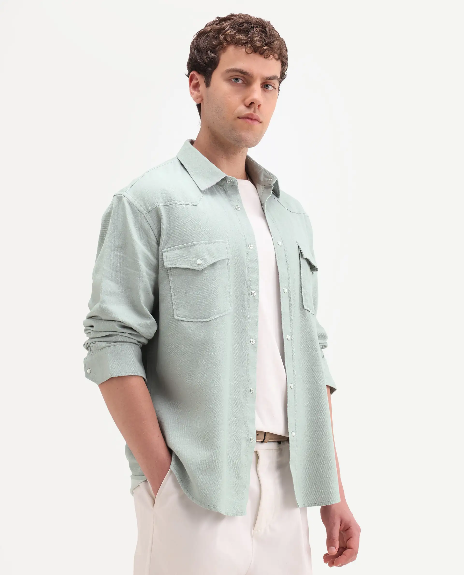 Rare Rabbit Men's Haxlr 26 Pastel Green Cotton Blend Fabric Full Sleeve Spread Collar Snap Button Regular Fit Plain Shirt - Image 5