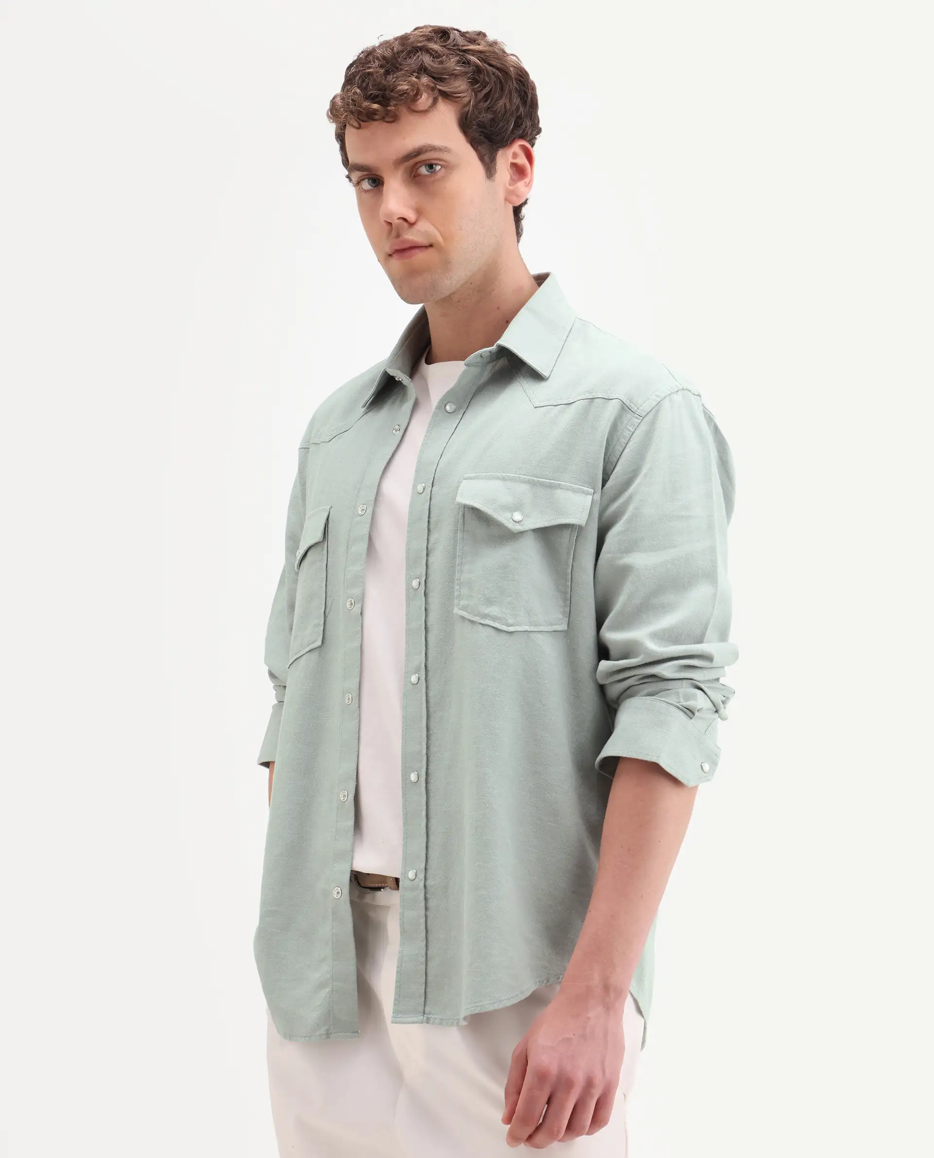 Rare Rabbit Men's Haxlr 26 Pastel Green Cotton Blend Fabric Full Sleeve Spread Collar Snap Button Regular Fit Plain Shirt - Image 6
