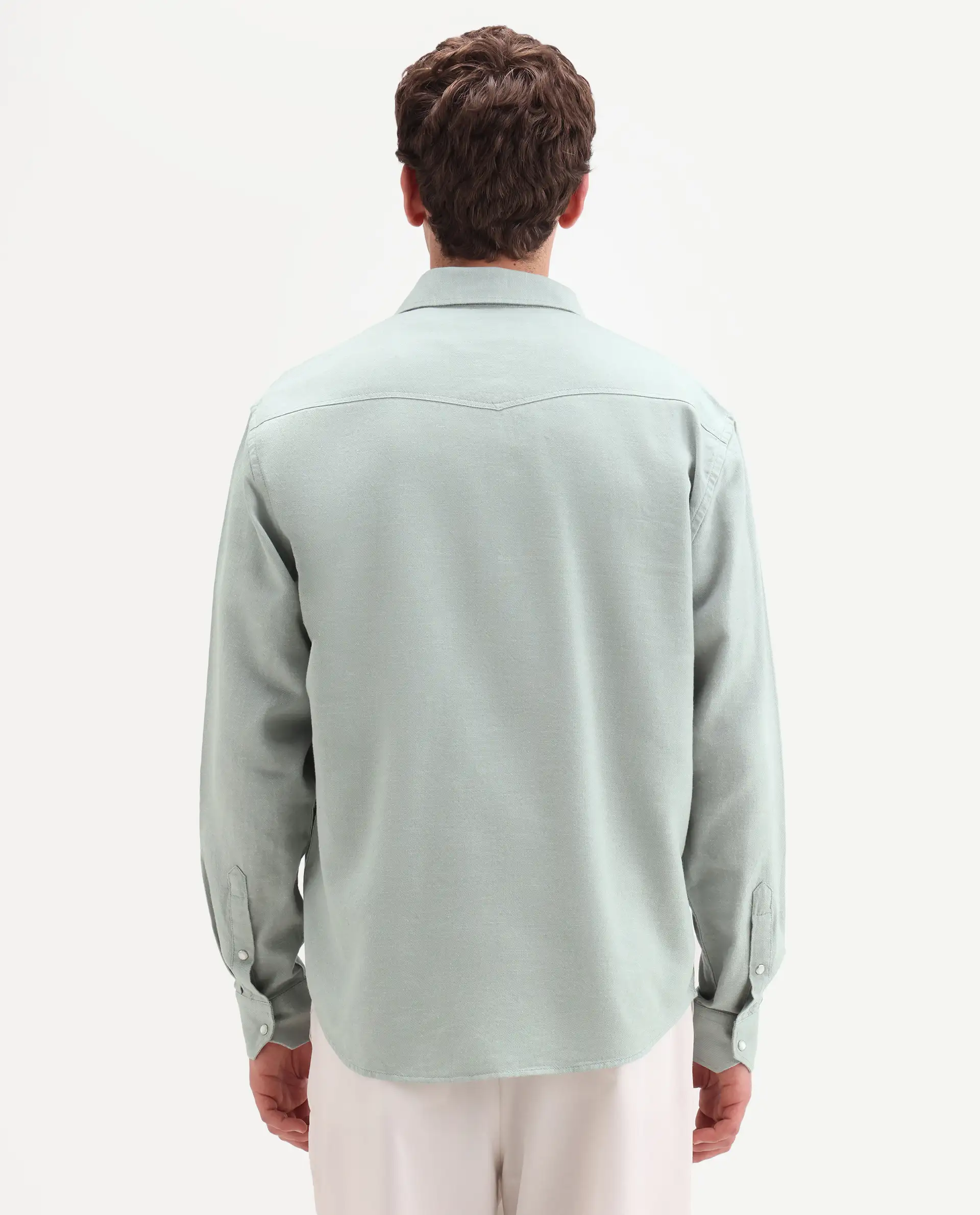 Rare Rabbit Men's Haxlr 26 Pastel Green Cotton Blend Fabric Full Sleeve Spread Collar Snap Button Regular Fit Plain Shirt - Image 7