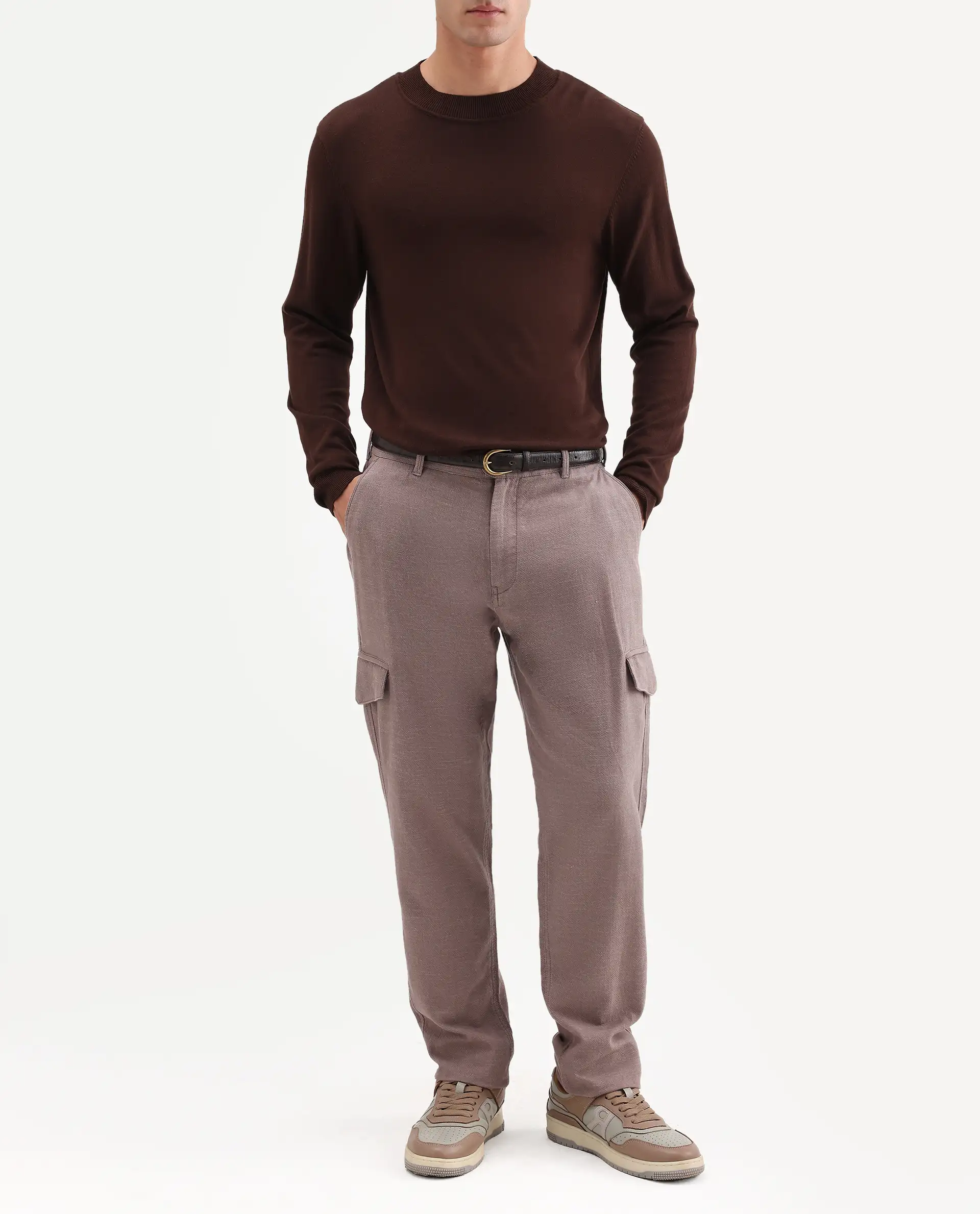 Rare Rabbit Men's Haxlr-B Dusky Brown Cotton Blend Fabric Regular Fit Plain Cargo Trouser - Image 2