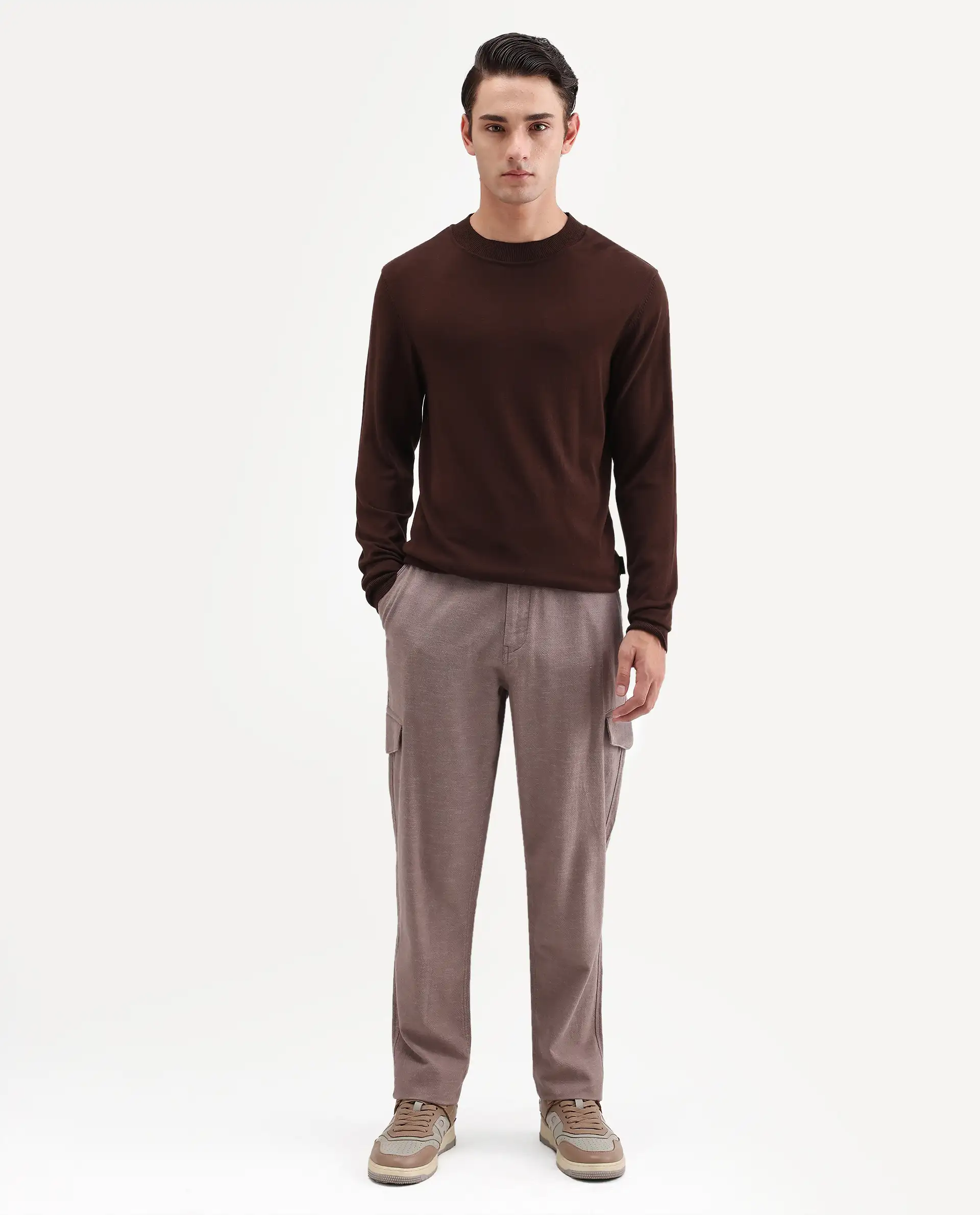 Rare Rabbit Men's Haxlr-B Dusky Brown Cotton Blend Fabric Regular Fit Plain Cargo Trouser - Image 4