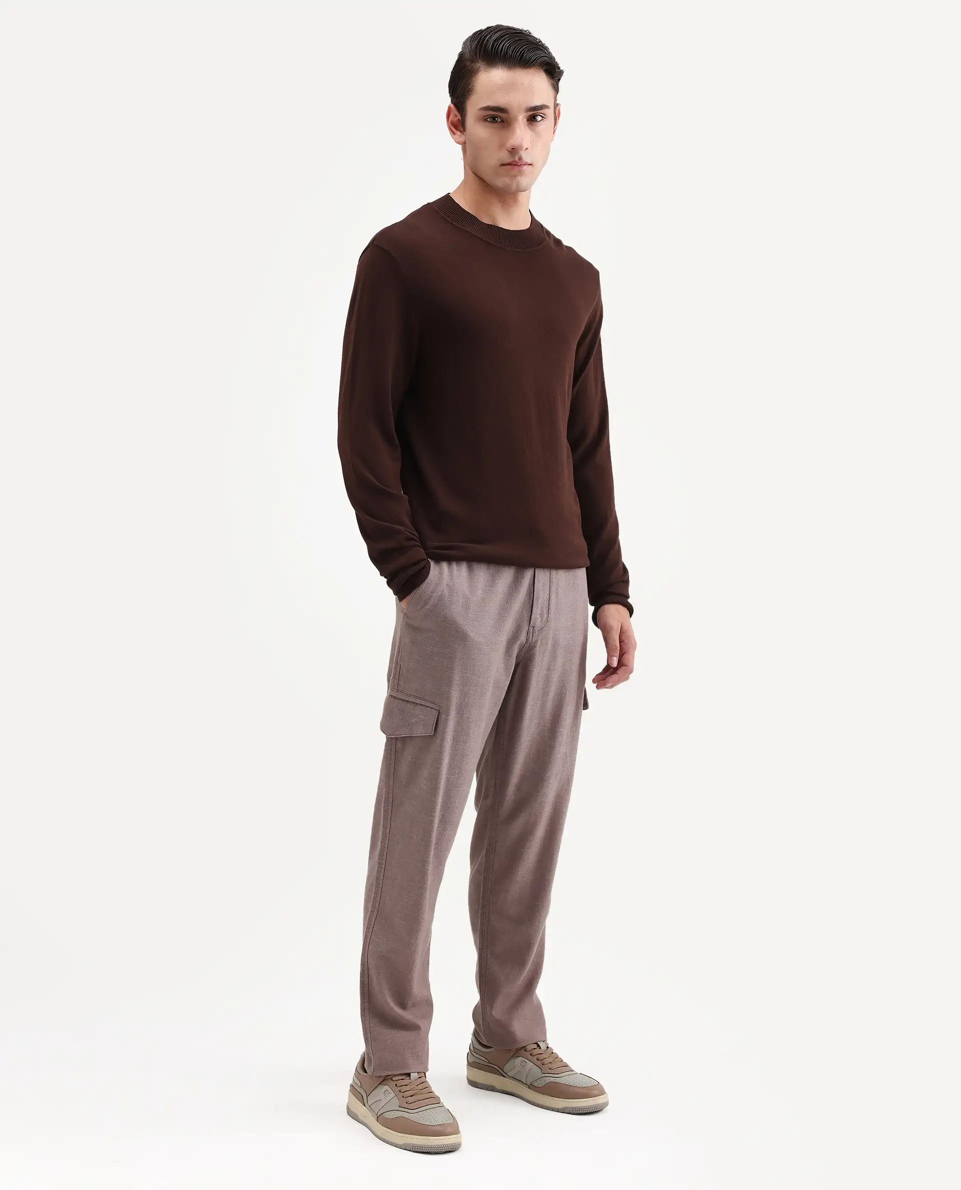Rare Rabbit Men's Haxlr-B Dusky Brown Cotton Blend Fabric Regular Fit Plain Cargo Trouser - Image 5