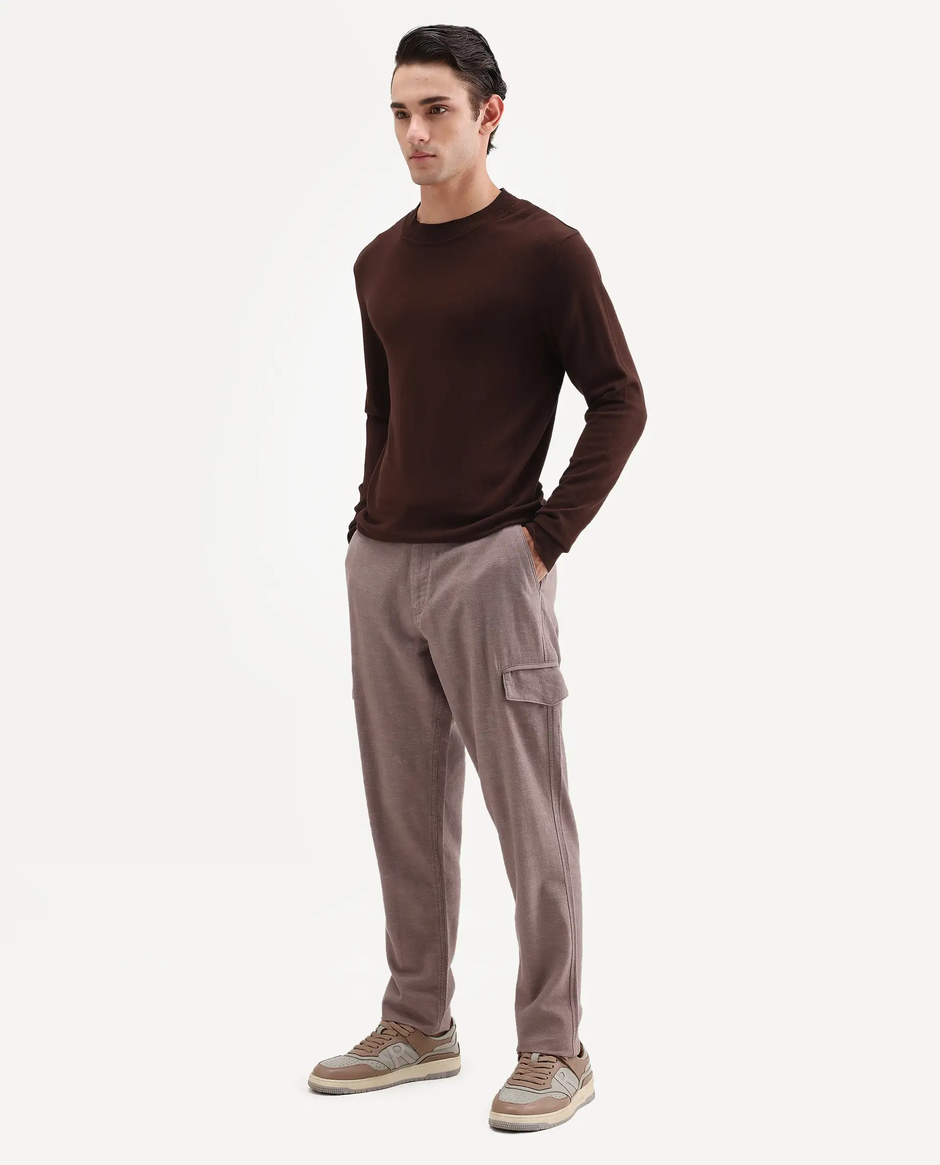 Rare Rabbit Men's Haxlr-B Dusky Brown Cotton Blend Fabric Regular Fit Plain Cargo Trouser - Image 6