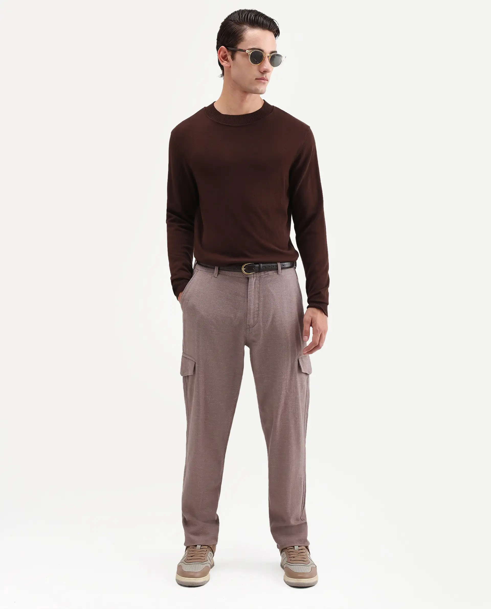 Rare Rabbit Men's Haxlr-B Dusky Brown Cotton Blend Fabric Regular Fit Plain Cargo Trouser - Image 7