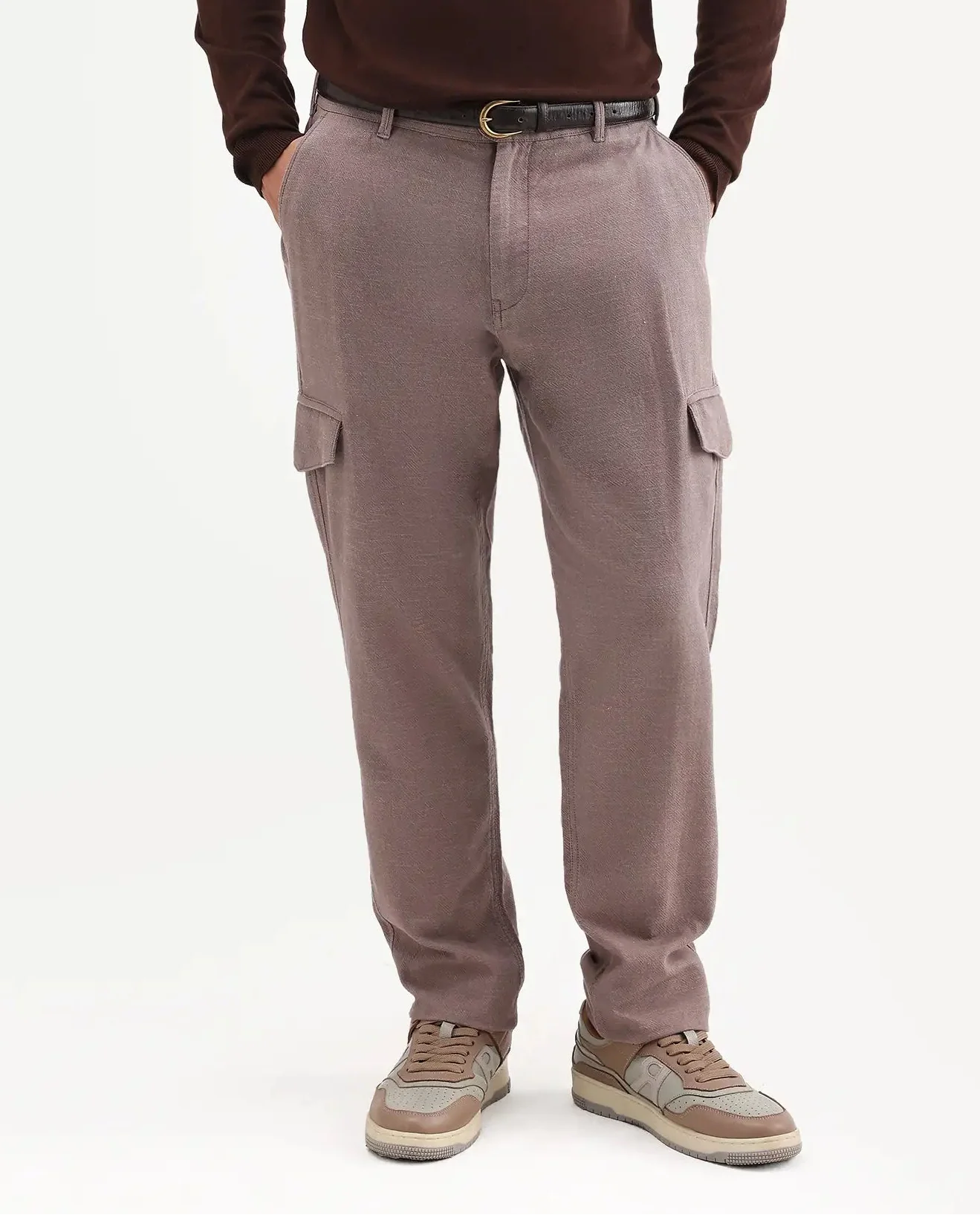 Rare Rabbit Men's Haxlr-B Dusky Brown Cotton Blend Fabric Regular Fit Plain Cargo Trouser - Image 9