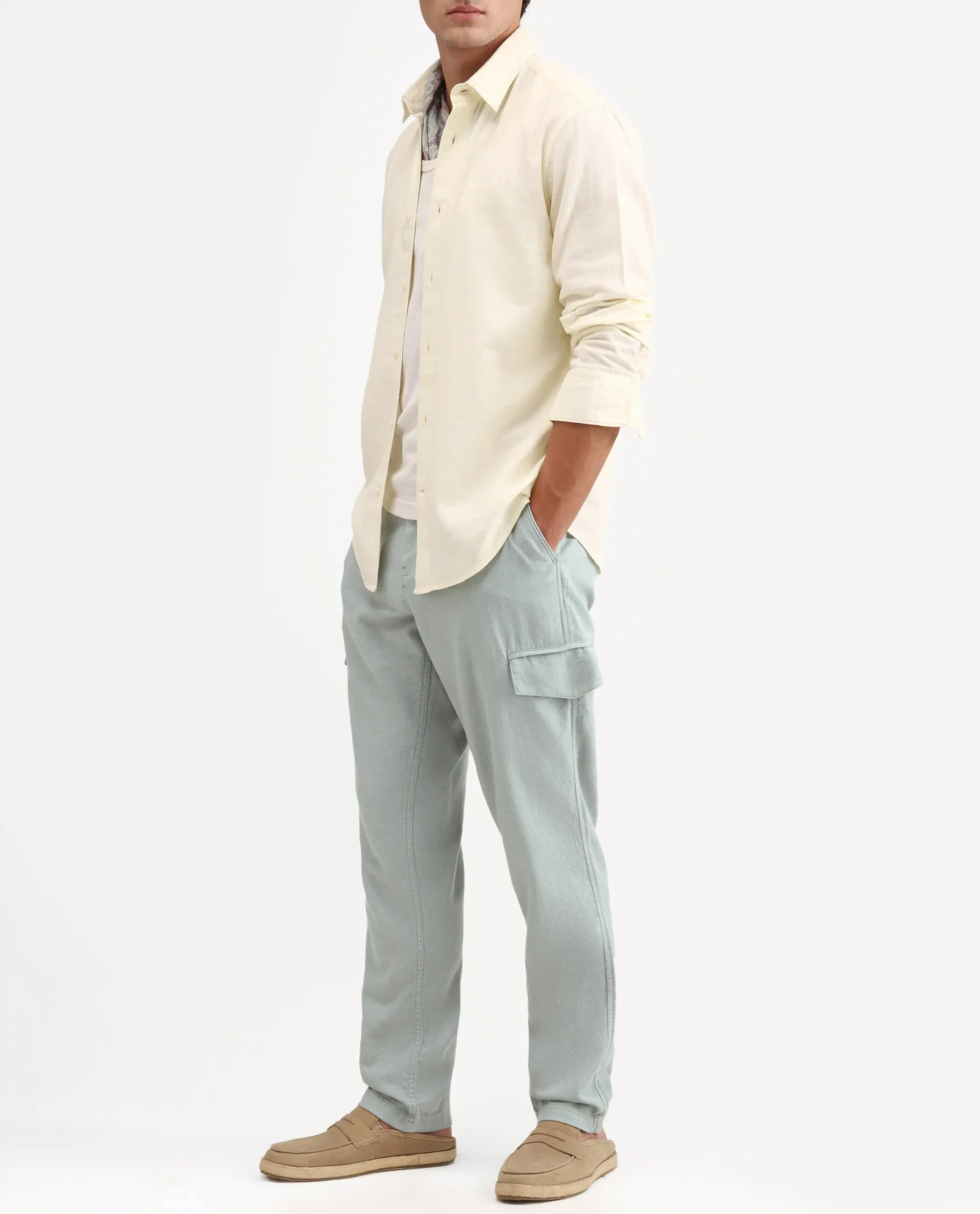 Rare Rabbit Men's Haxlr-B Dusky Green Cotton Blend Fabric Regular Fit Plain Cargo Trouser - Image 2