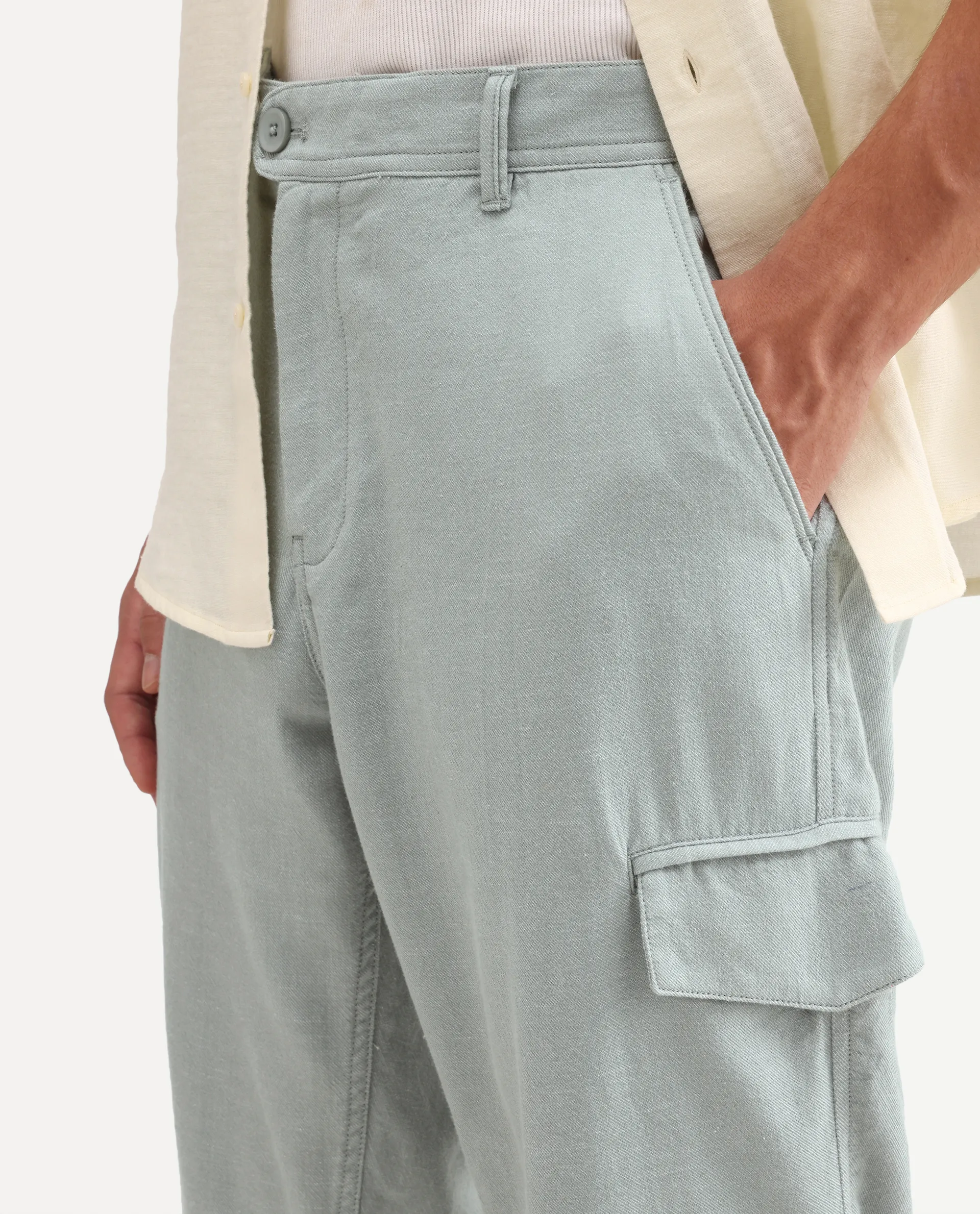 Rare Rabbit Men's Haxlr-B Dusky Green Cotton Blend Fabric Regular Fit Plain Cargo Trouser - Image 3