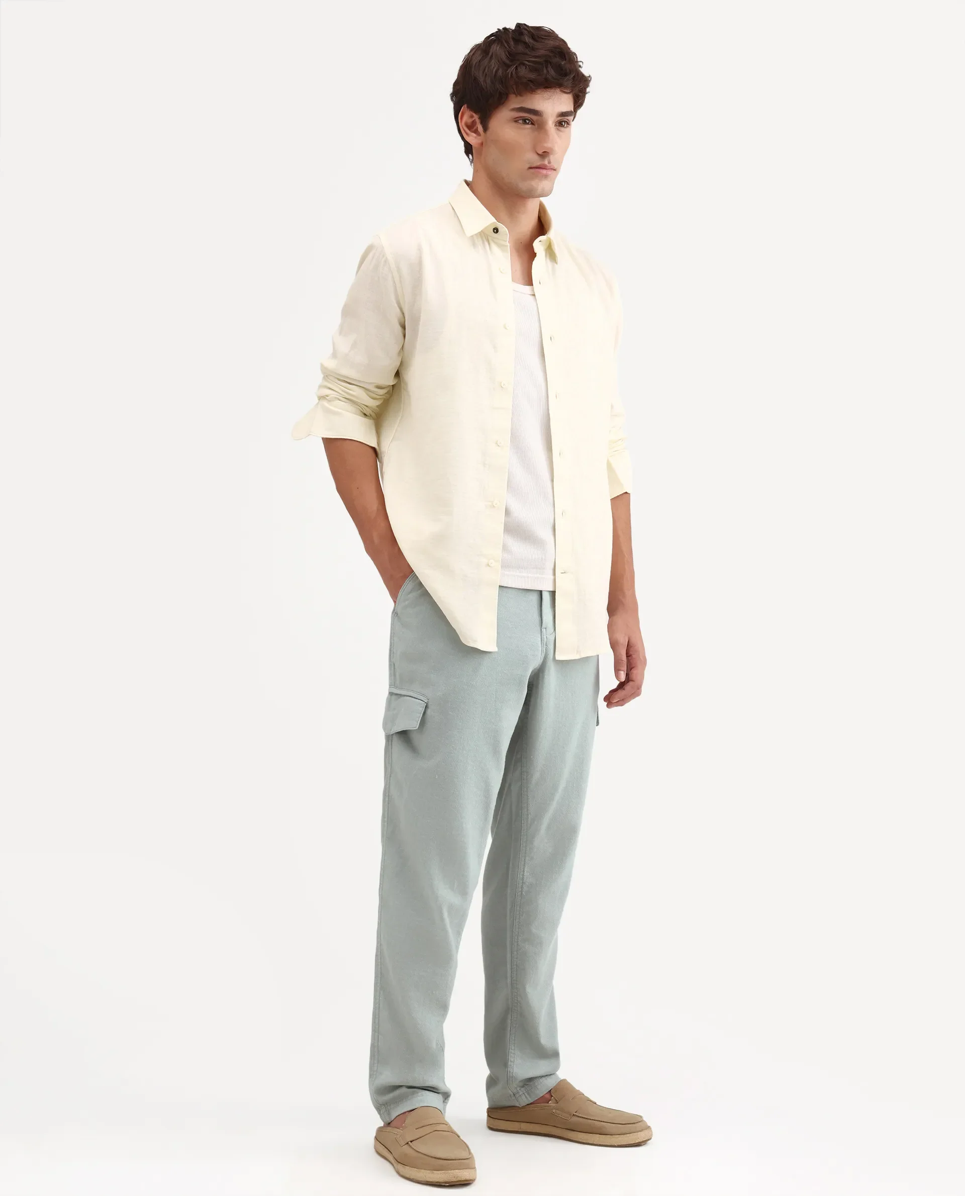 Rare Rabbit Men's Haxlr-B Dusky Green Cotton Blend Fabric Regular Fit Plain Cargo Trouser - Image 4