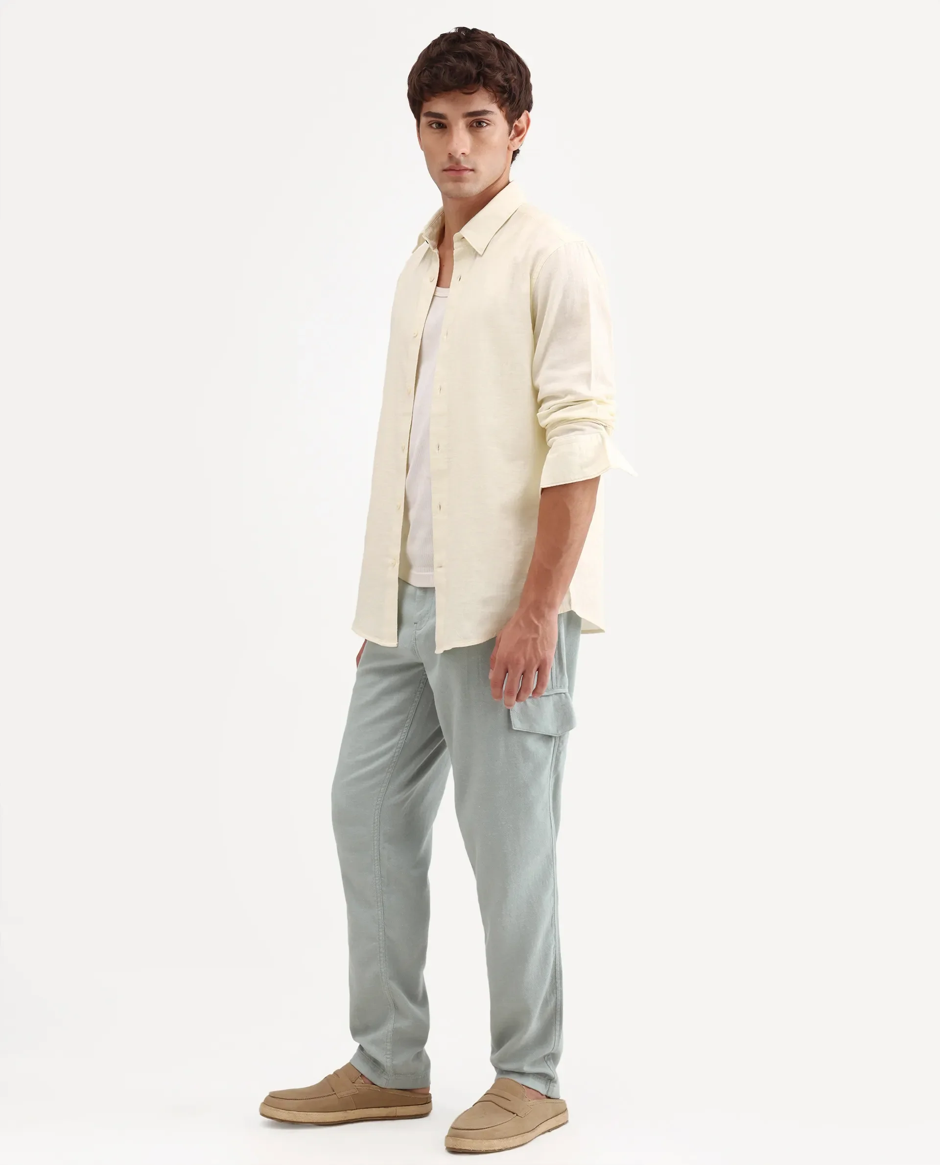 Rare Rabbit Men's Haxlr-B Dusky Green Cotton Blend Fabric Regular Fit Plain Cargo Trouser - Image 5
