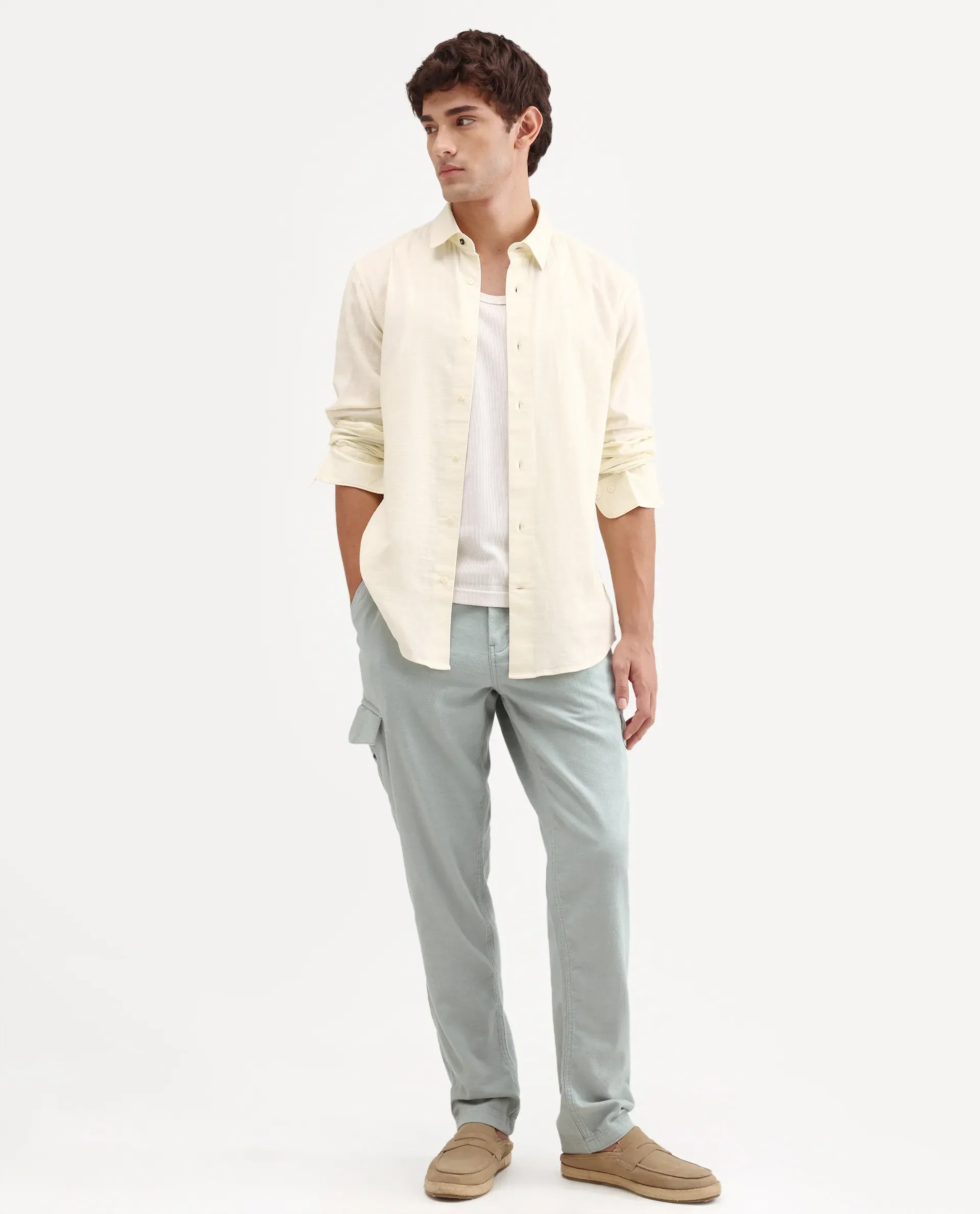Rare Rabbit Men's Haxlr-B Dusky Green Cotton Blend Fabric Regular Fit Plain Cargo Trouser - Image 6