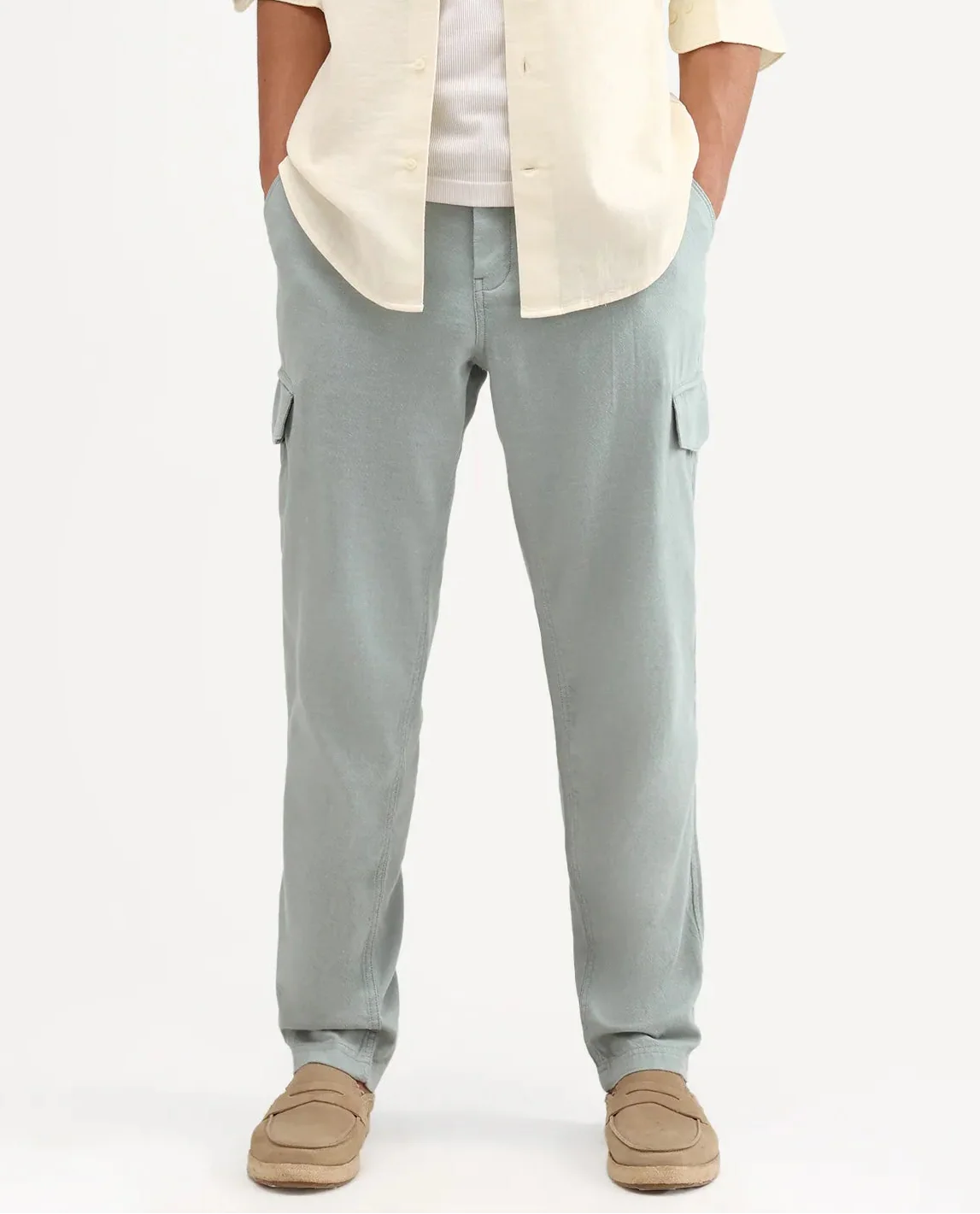 Rare Rabbit Men's Haxlr-B Dusky Green Cotton Blend Fabric Regular Fit Plain Cargo Trouser - Image 8