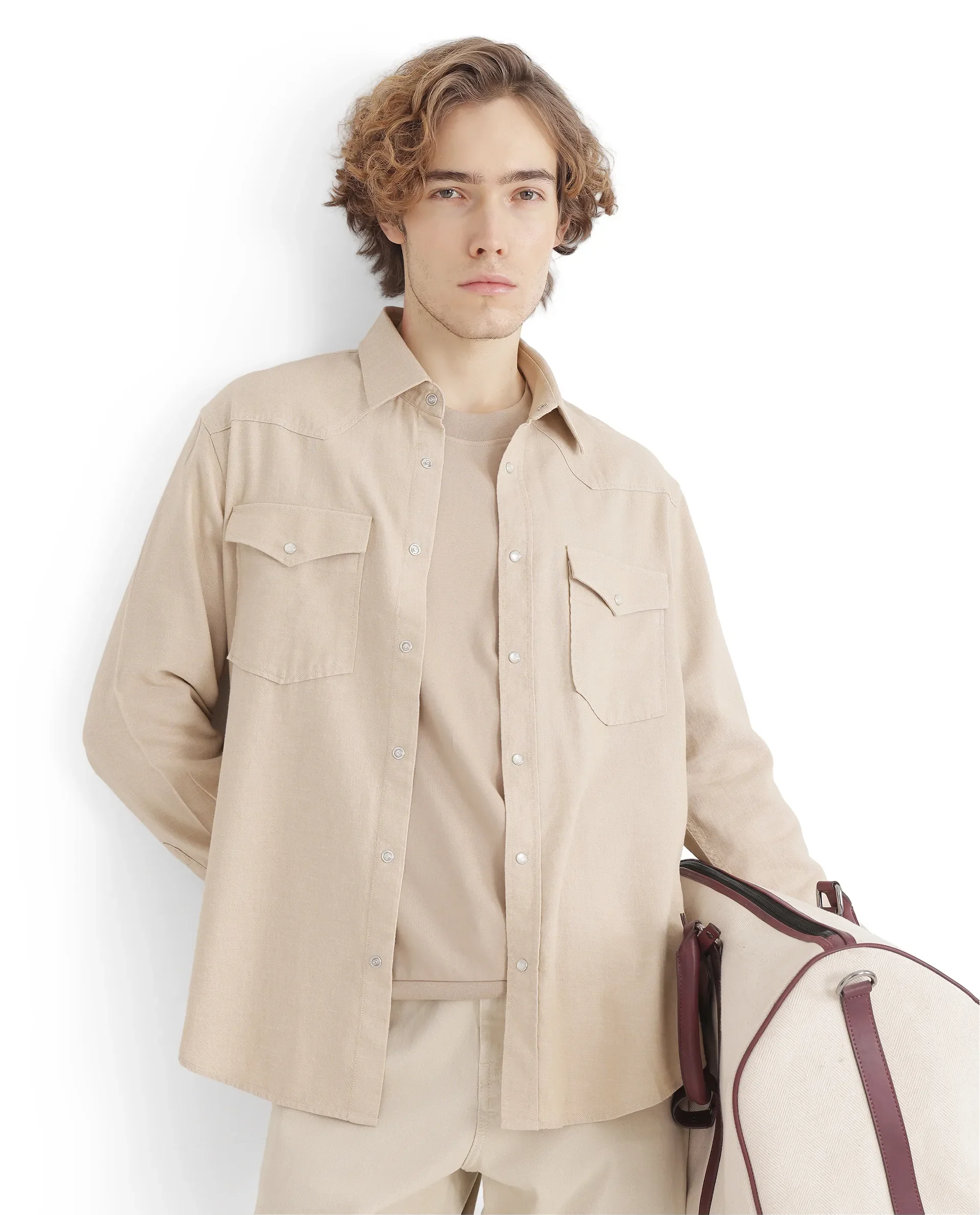 Rare Rabbit Men's Haxlr Beige Cotton Blend Plain Regular Fit Full Sleeve Collared Shirt