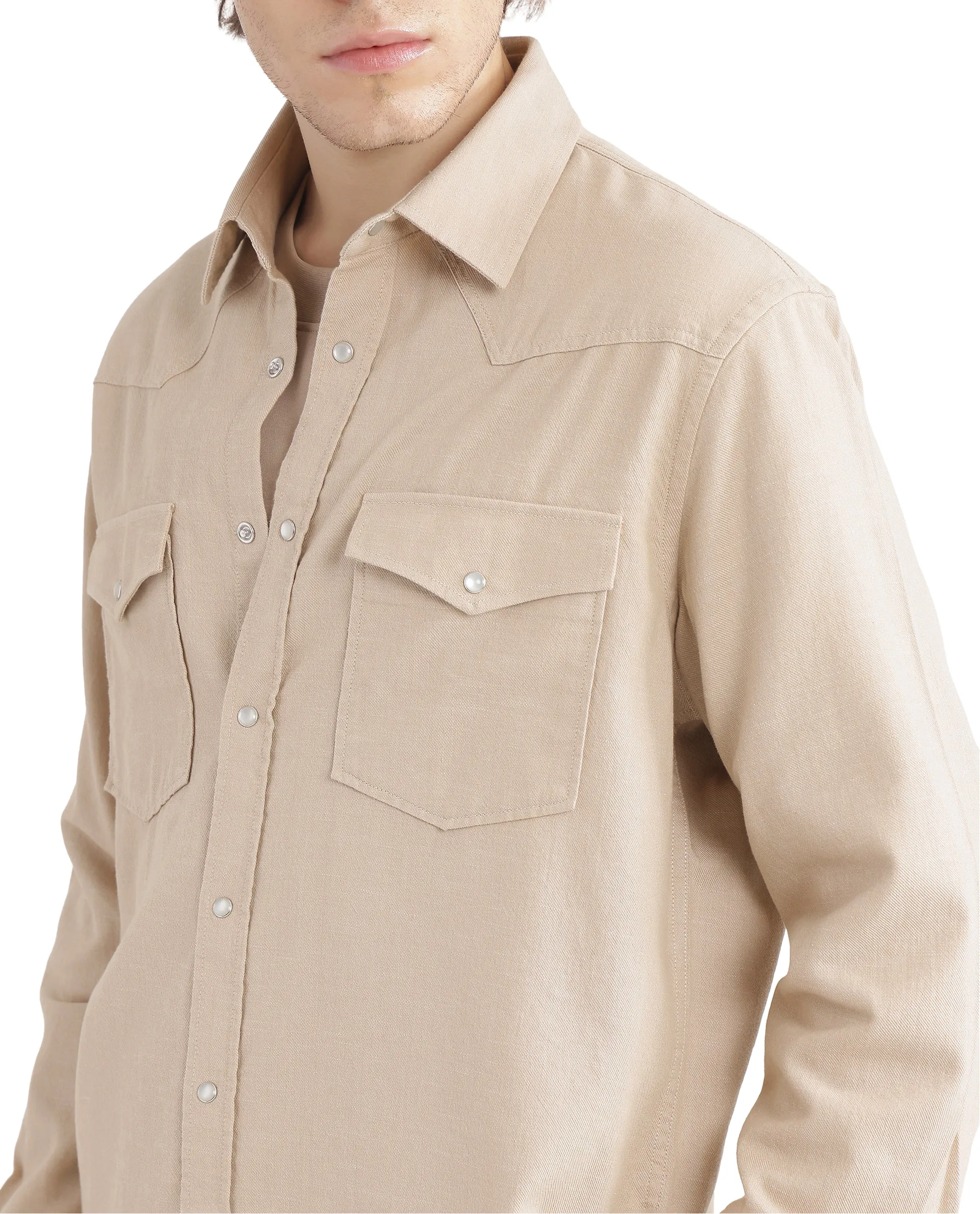 Rare Rabbit Men's Haxlr Beige Cotton Blend Plain Regular Fit Full Sleeve Collared Shirt - Image 9