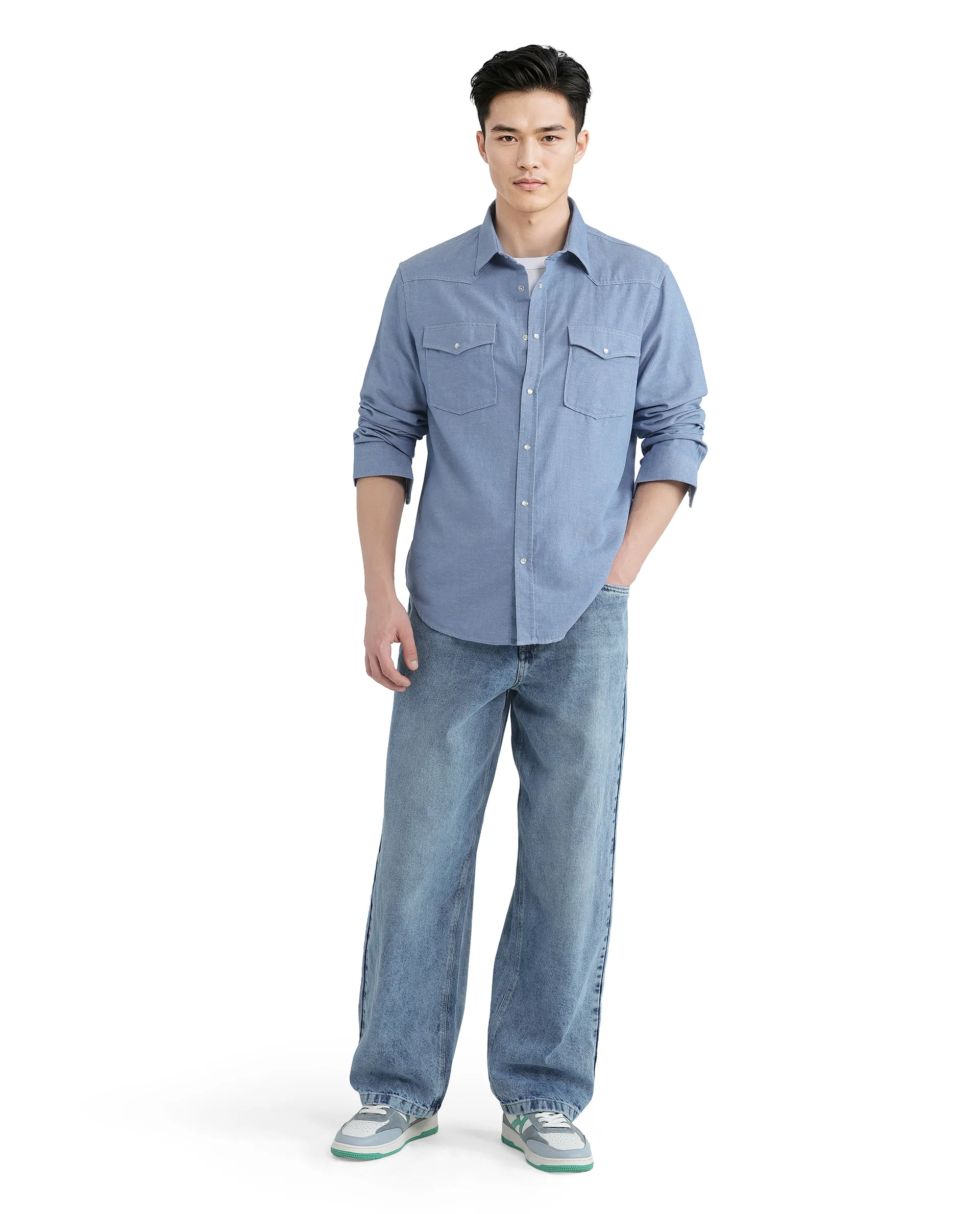 Rare Rabbit Men's Haxlr Blue Cotton Blend Plain Regular Fit Full Sleeve Collared Shirt - Image 2
