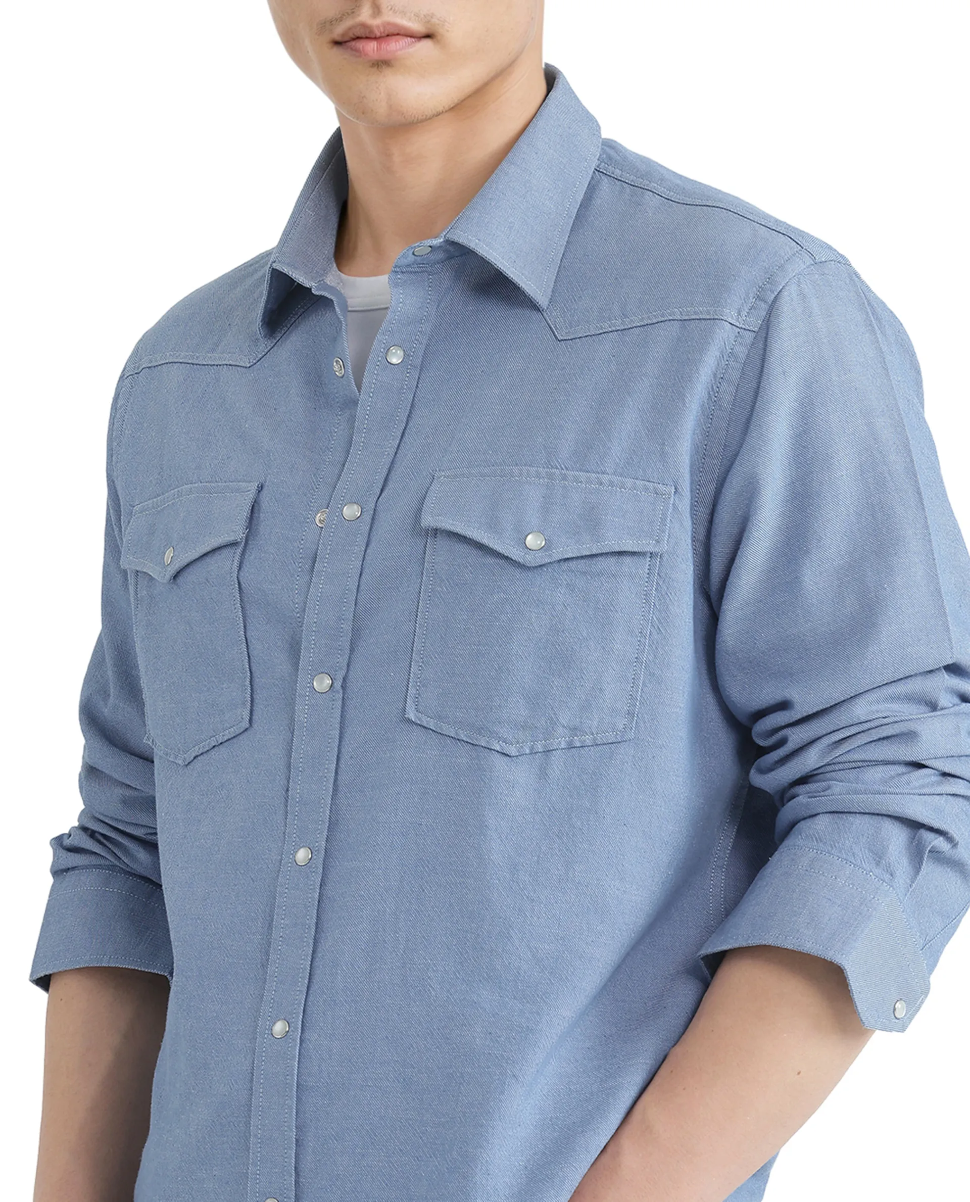 Rare Rabbit Men's Haxlr Blue Cotton Blend Plain Regular Fit Full Sleeve Collared Shirt - Image 4