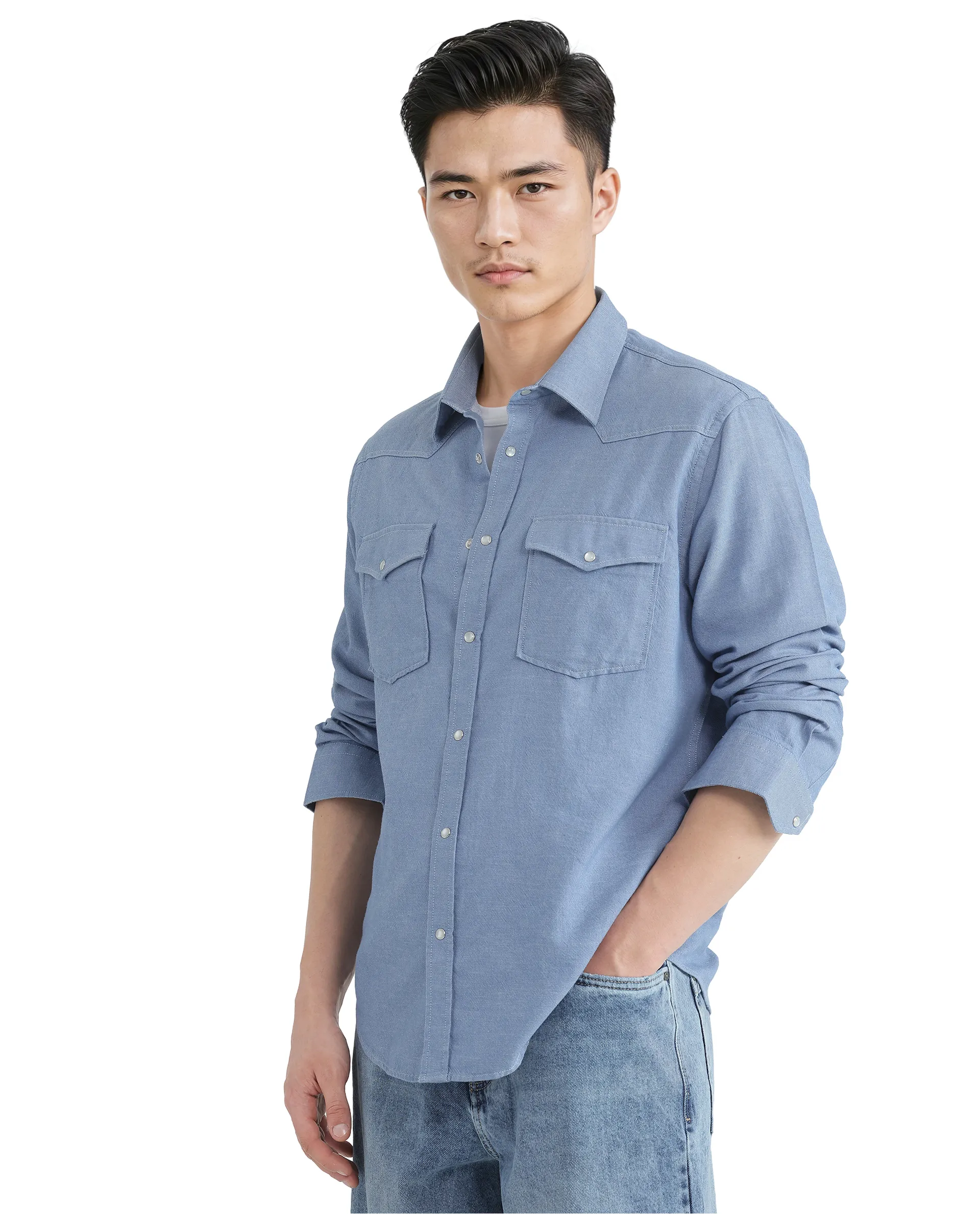 Rare Rabbit Men's Haxlr Blue Cotton Blend Plain Regular Fit Full Sleeve Collared Shirt - Image 6
