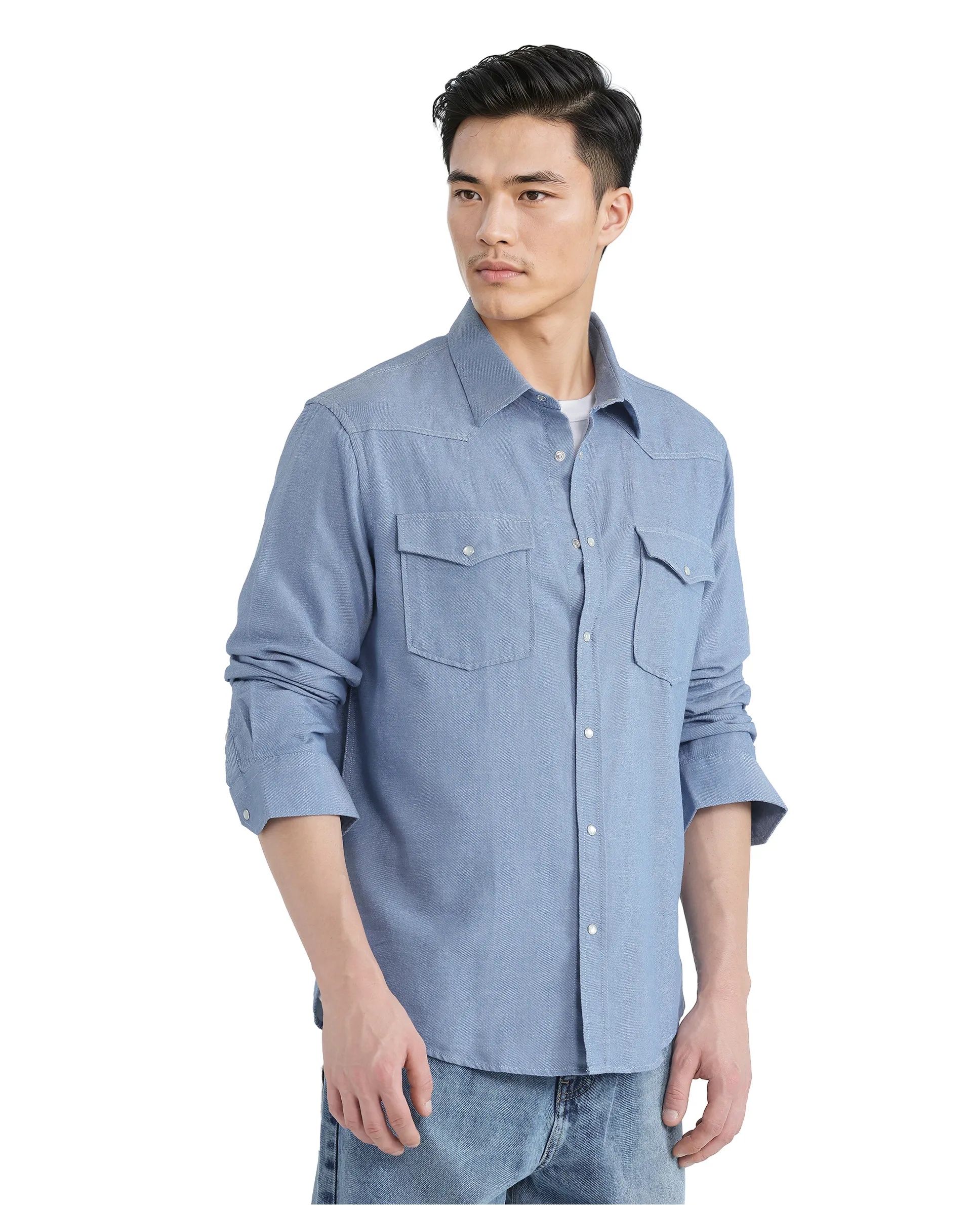 Rare Rabbit Men's Haxlr Blue Cotton Blend Plain Regular Fit Full Sleeve Collared Shirt - Image 7