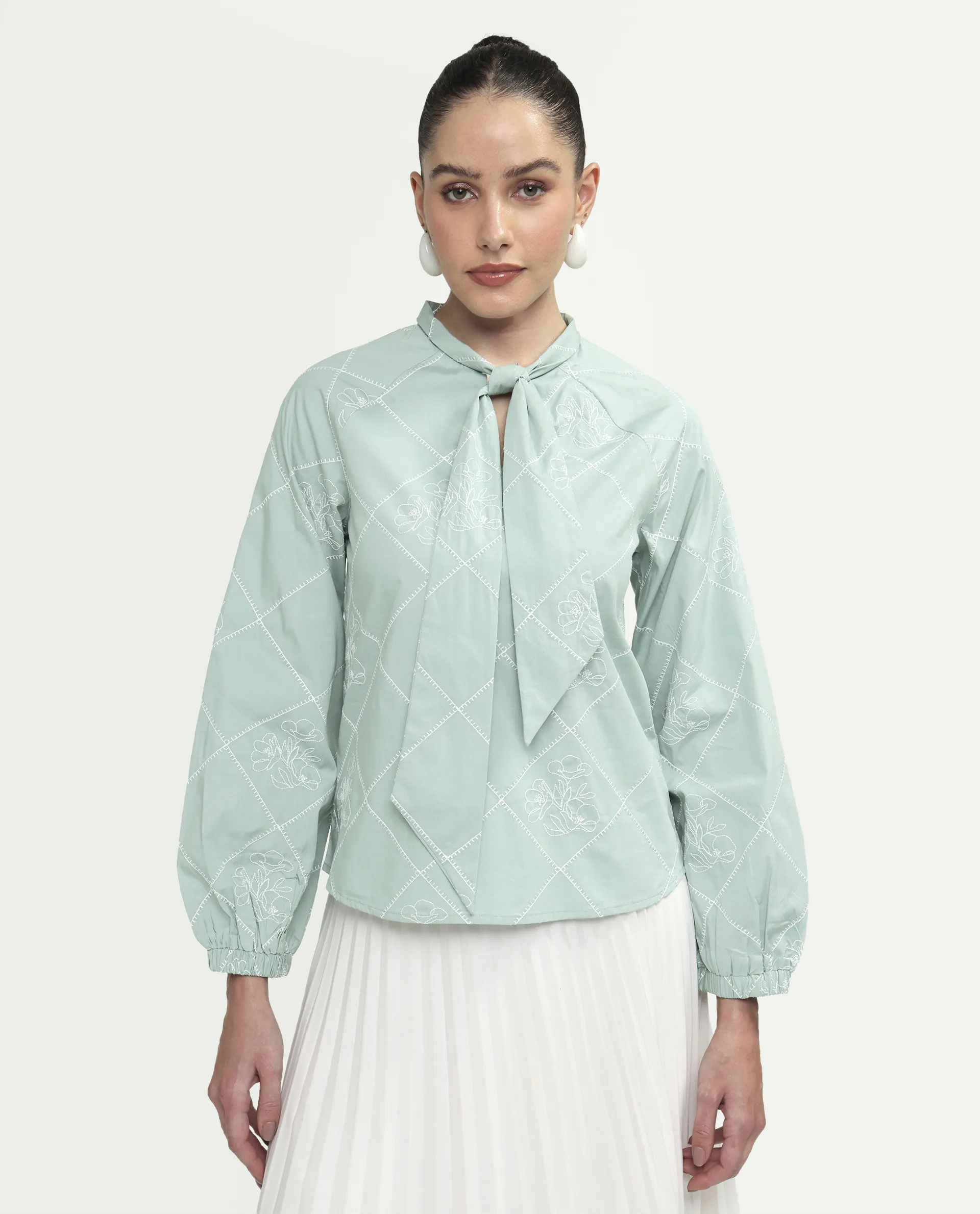 Rareism Women's Haxo Dusky Green Cotton Full Sleeve Tie-Up Relaxed Plain Top - Image 3