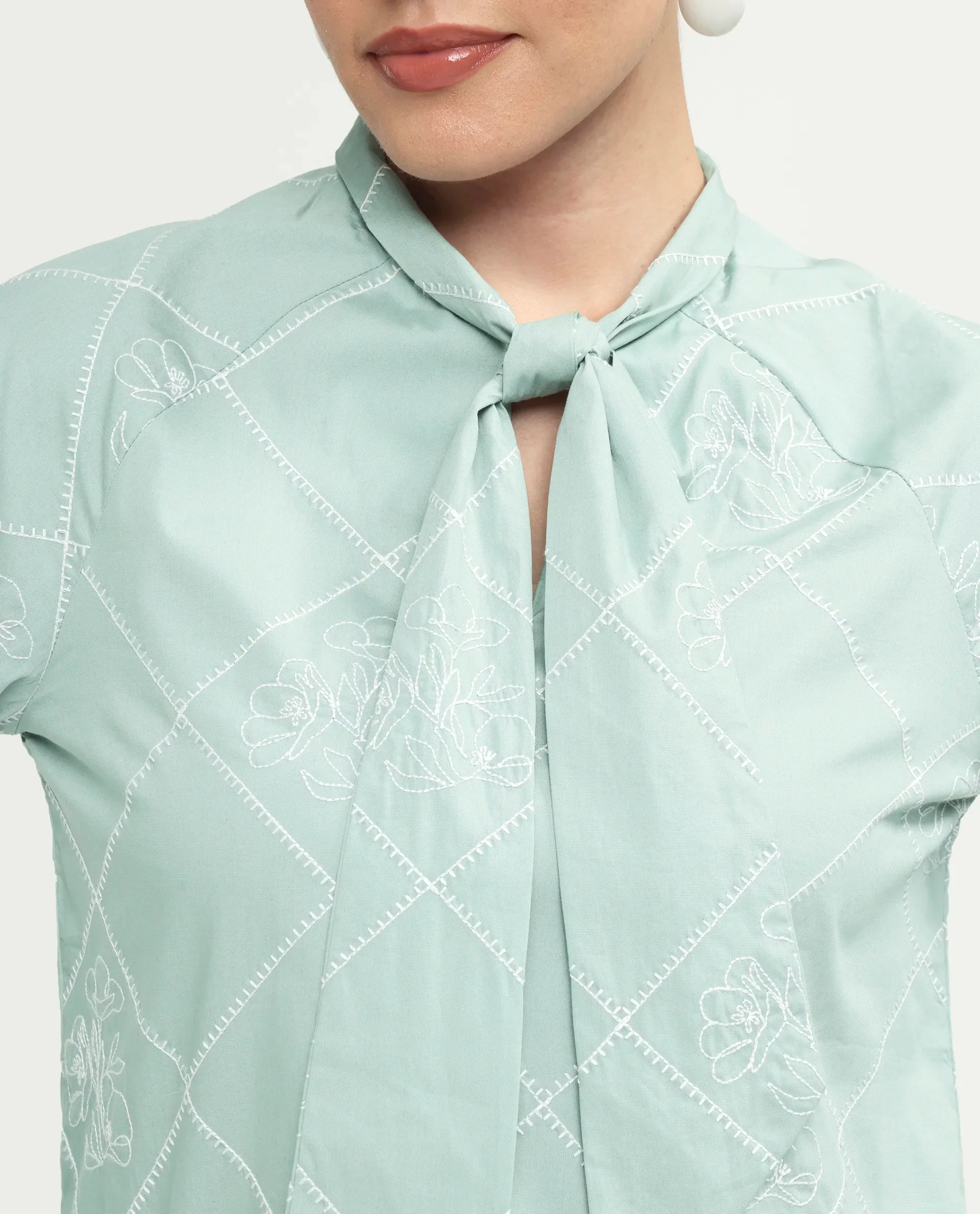 Rareism Women's Haxo Dusky Green Cotton Full Sleeve Tie-Up Relaxed Plain Top - Image 4