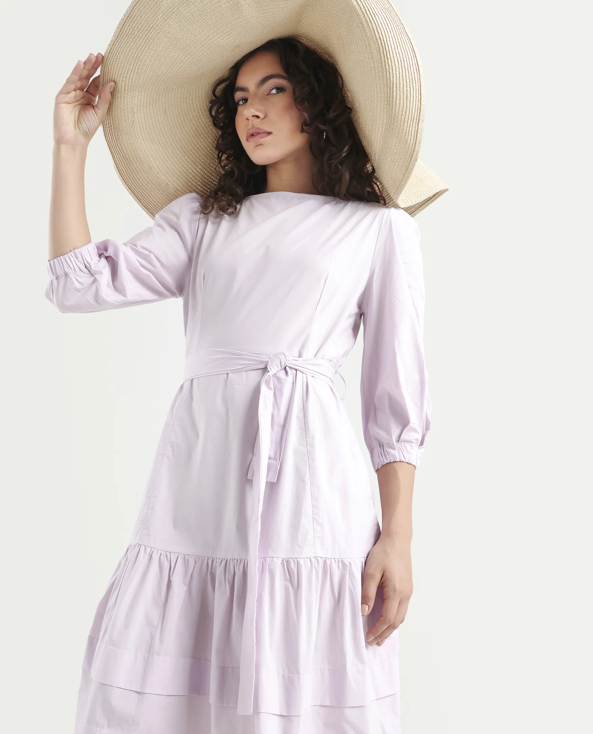 Rareism Women's Hay Purple Cotton Boat Neck Plain Puff Sleeves Knee Length Regular Fit Dress