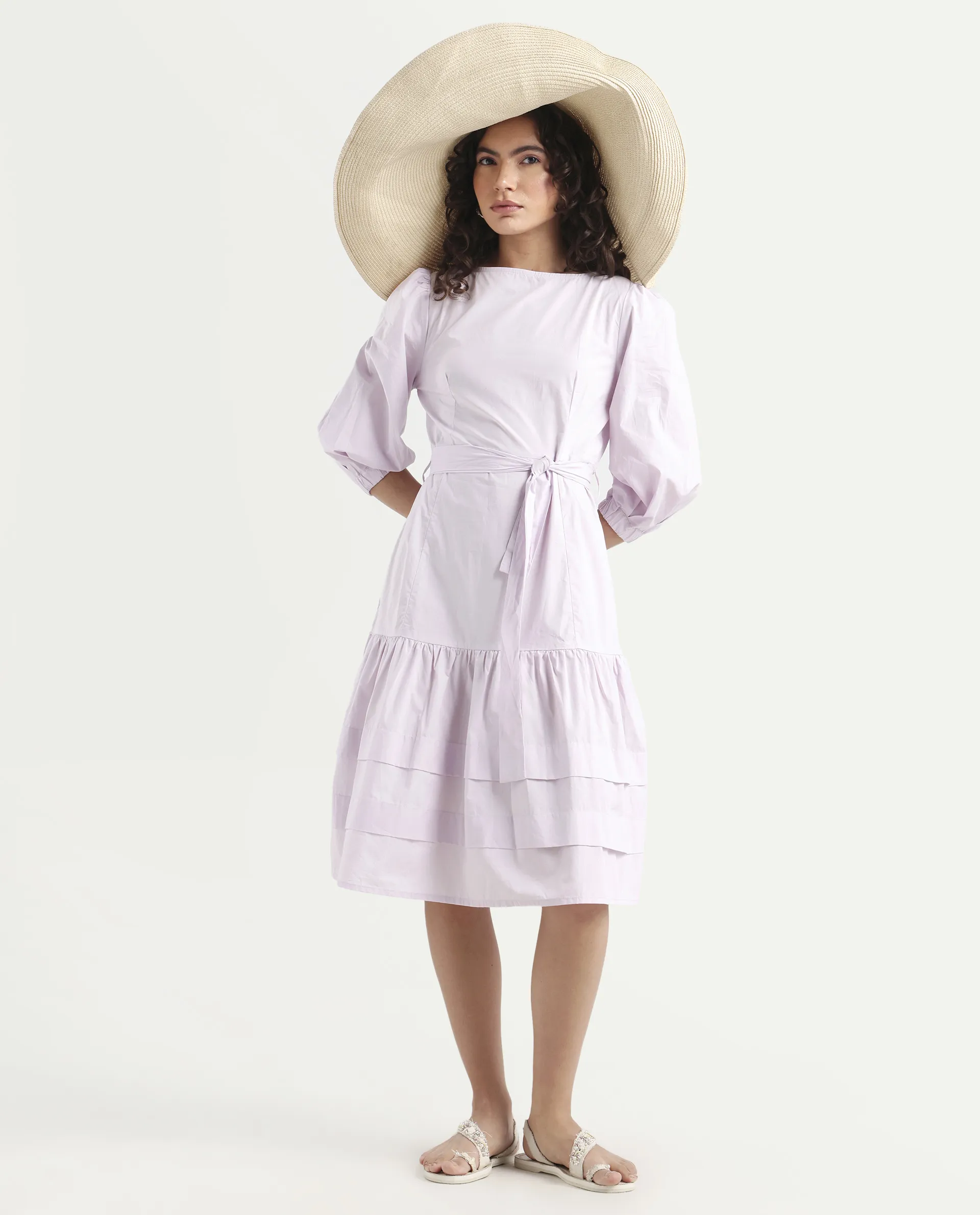 Rareism Women's Hay Purple Cotton Boat Neck Plain Puff Sleeves Knee Length Regular Fit Dress - Image 2