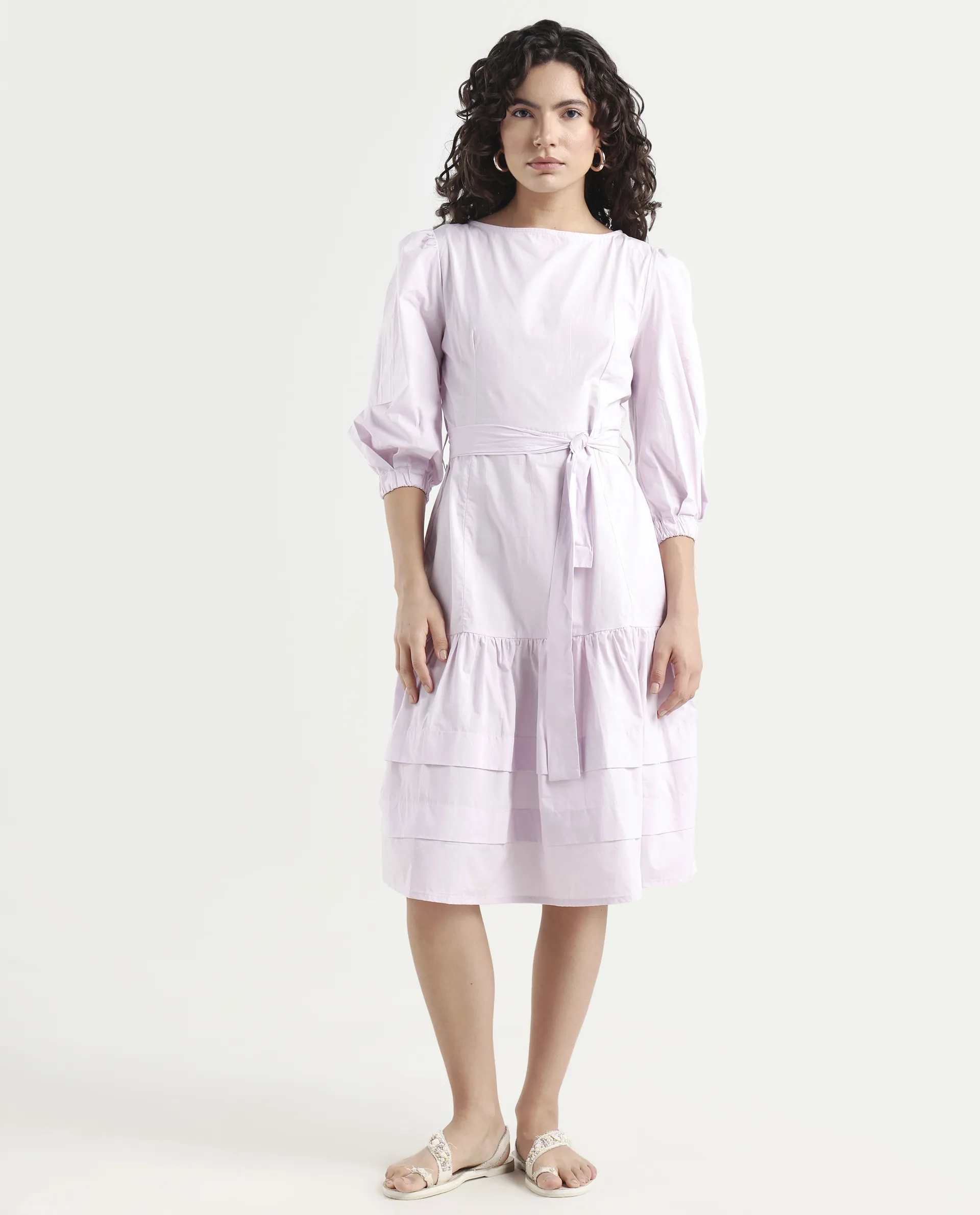 Rareism Women's Hay Purple Cotton Boat Neck Plain Puff Sleeves Knee Length Regular Fit Dress - Image 3