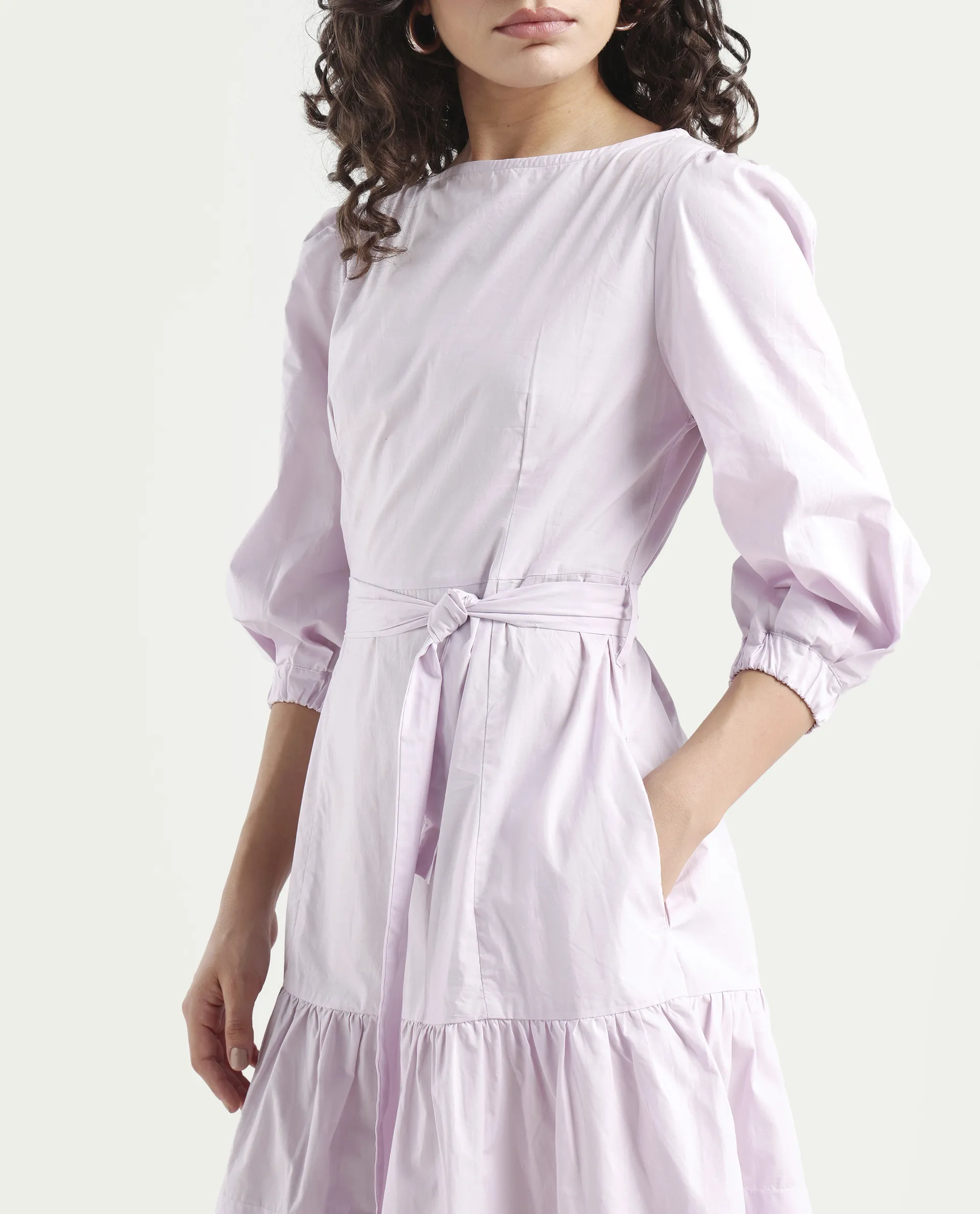 Rareism Women's Hay Purple Cotton Boat Neck Plain Puff Sleeves Knee Length Regular Fit Dress - Image 4