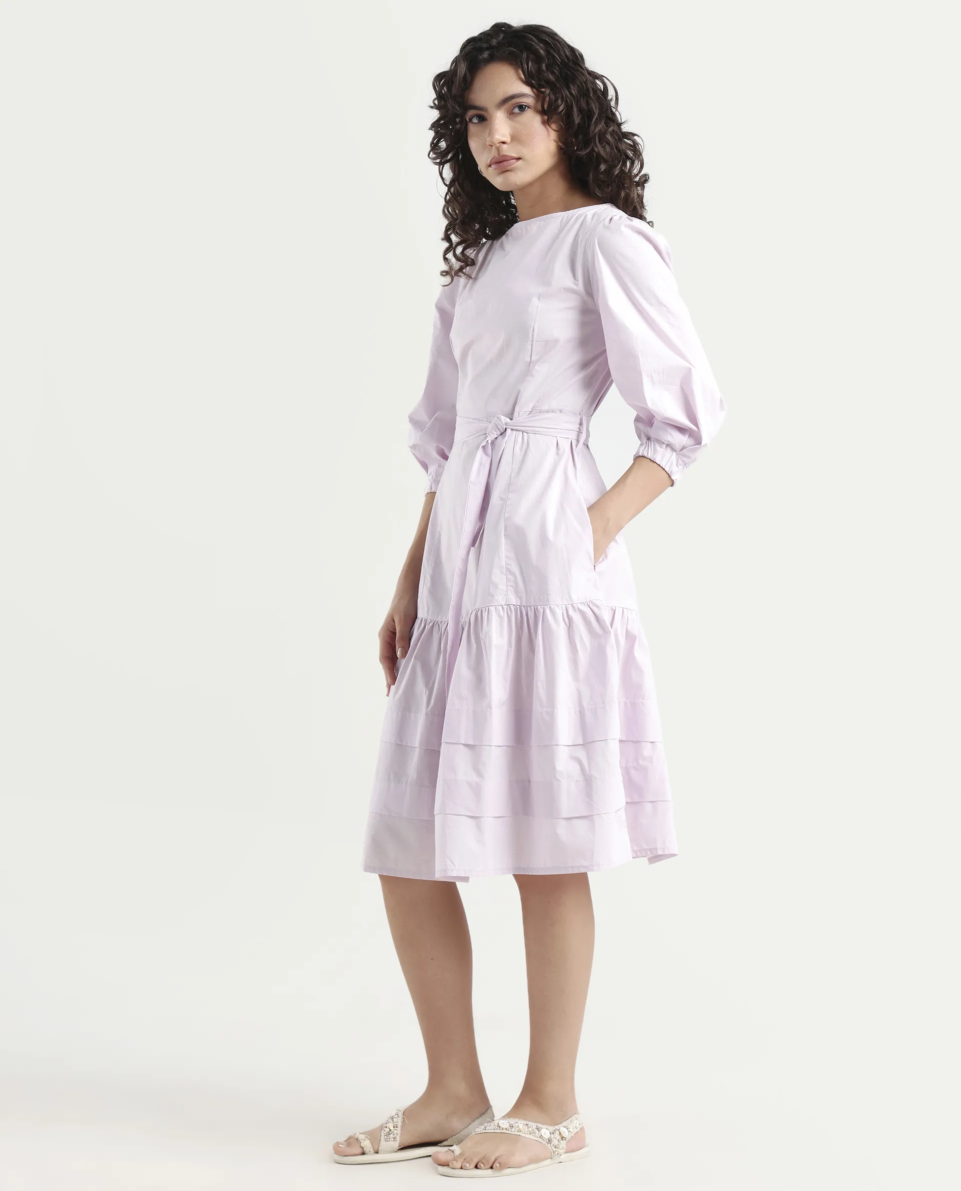 Rareism Women's Hay Purple Cotton Boat Neck Plain Puff Sleeves Knee Length Regular Fit Dress - Image 5
