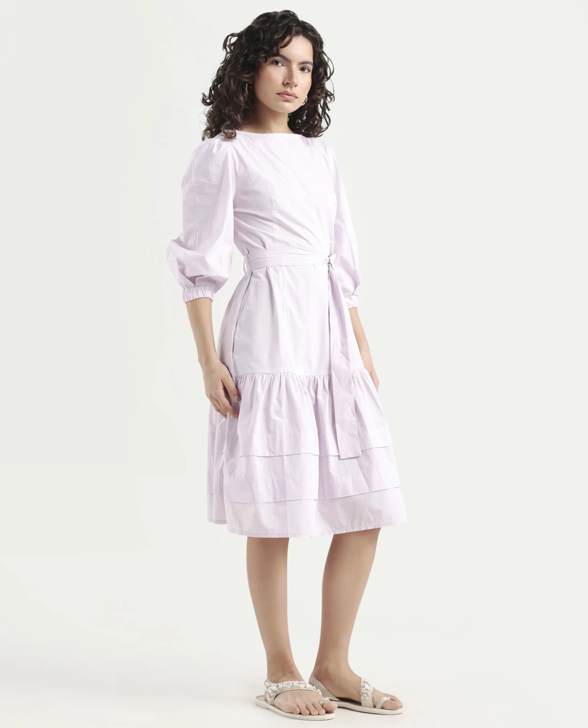 Rareism Women's Hay Purple Cotton Boat Neck Plain Puff Sleeves Knee Length Regular Fit Dress - Image 6