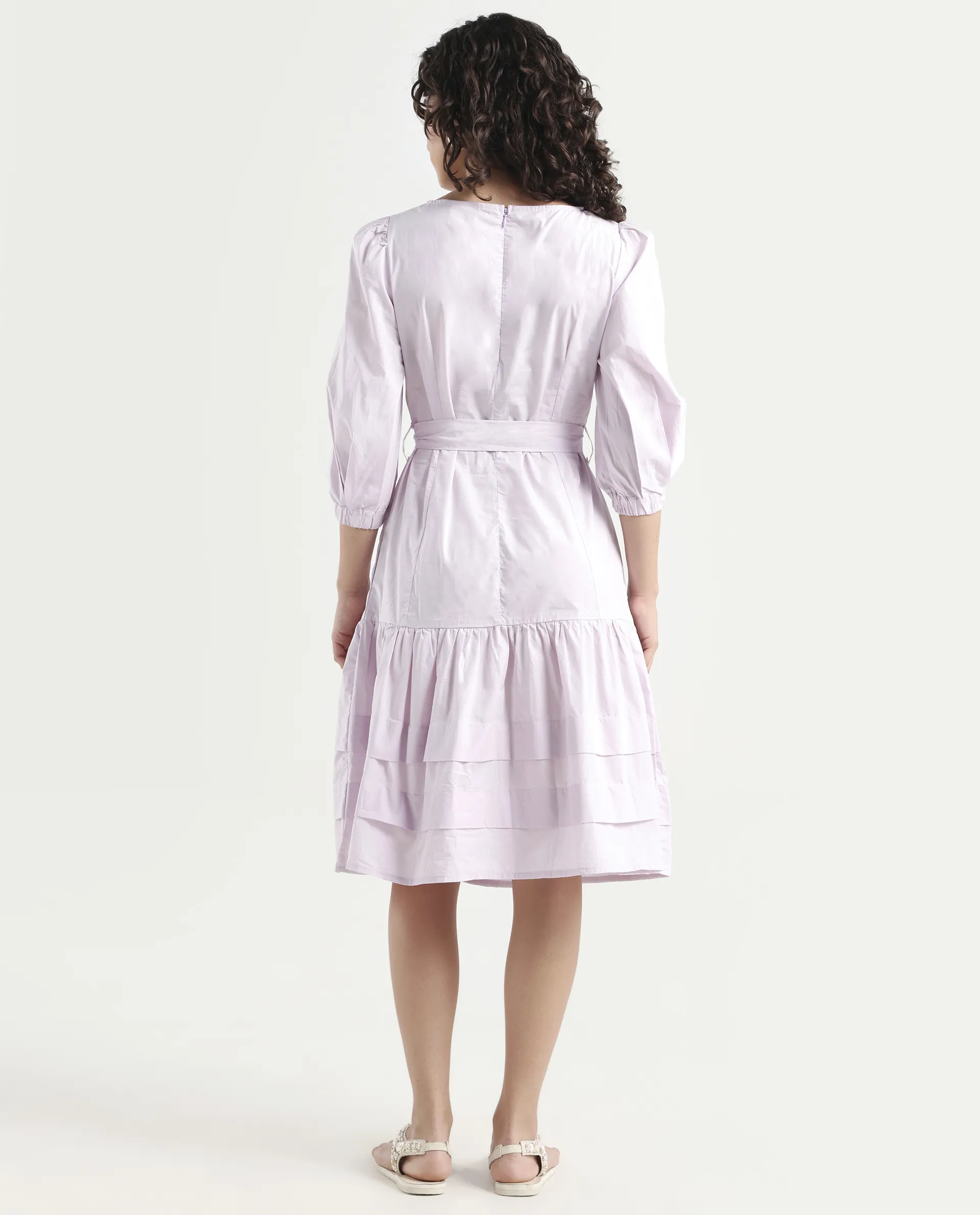 Rareism Women's Hay Purple Cotton Boat Neck Plain Puff Sleeves Knee Length Regular Fit Dress - Image 7