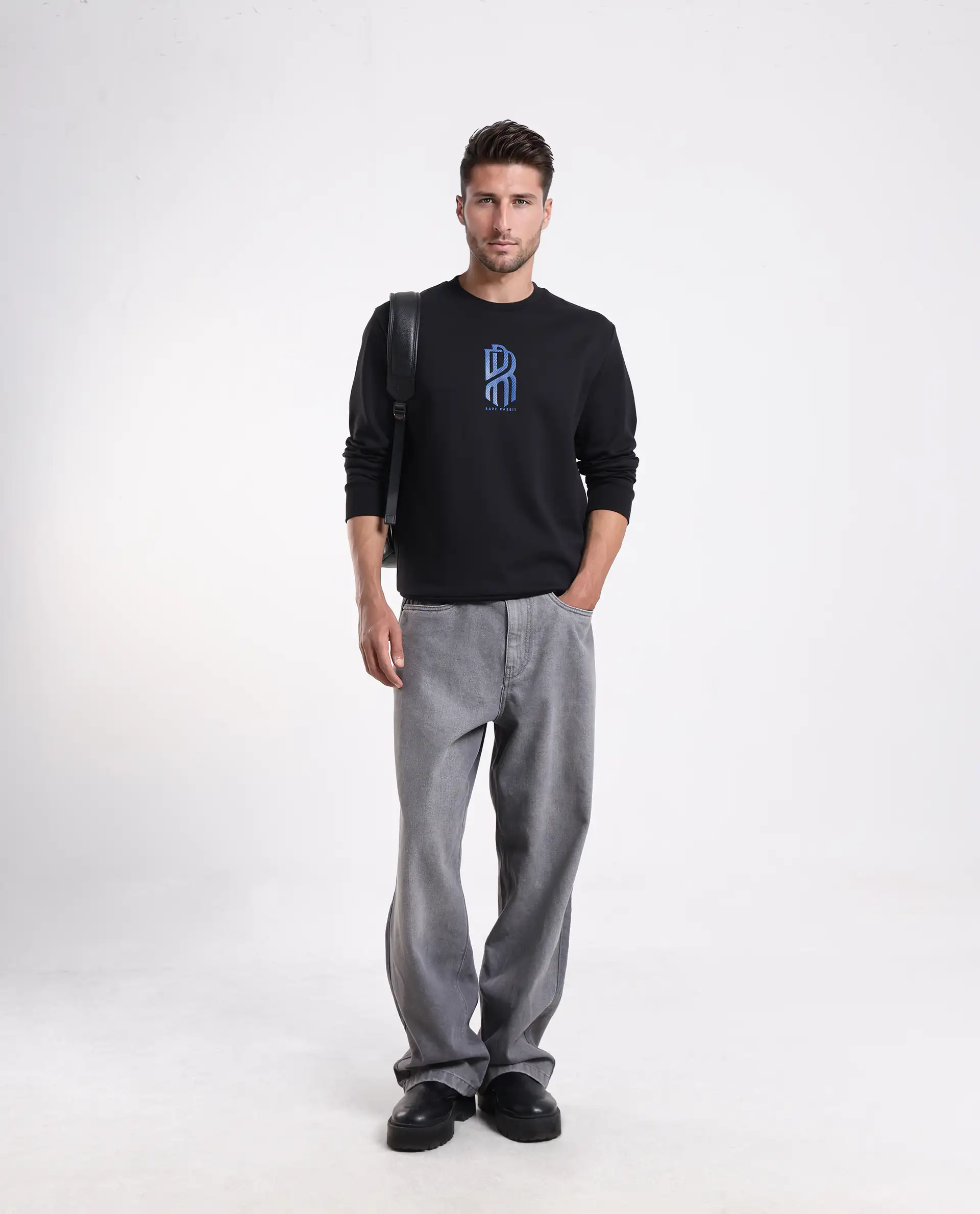 Rare Rabbit Men's Hayd Black Cotton Blend Graphic Print Relaxed Fit Full Sleeve Crew Neck Sweatshirt - Image 2