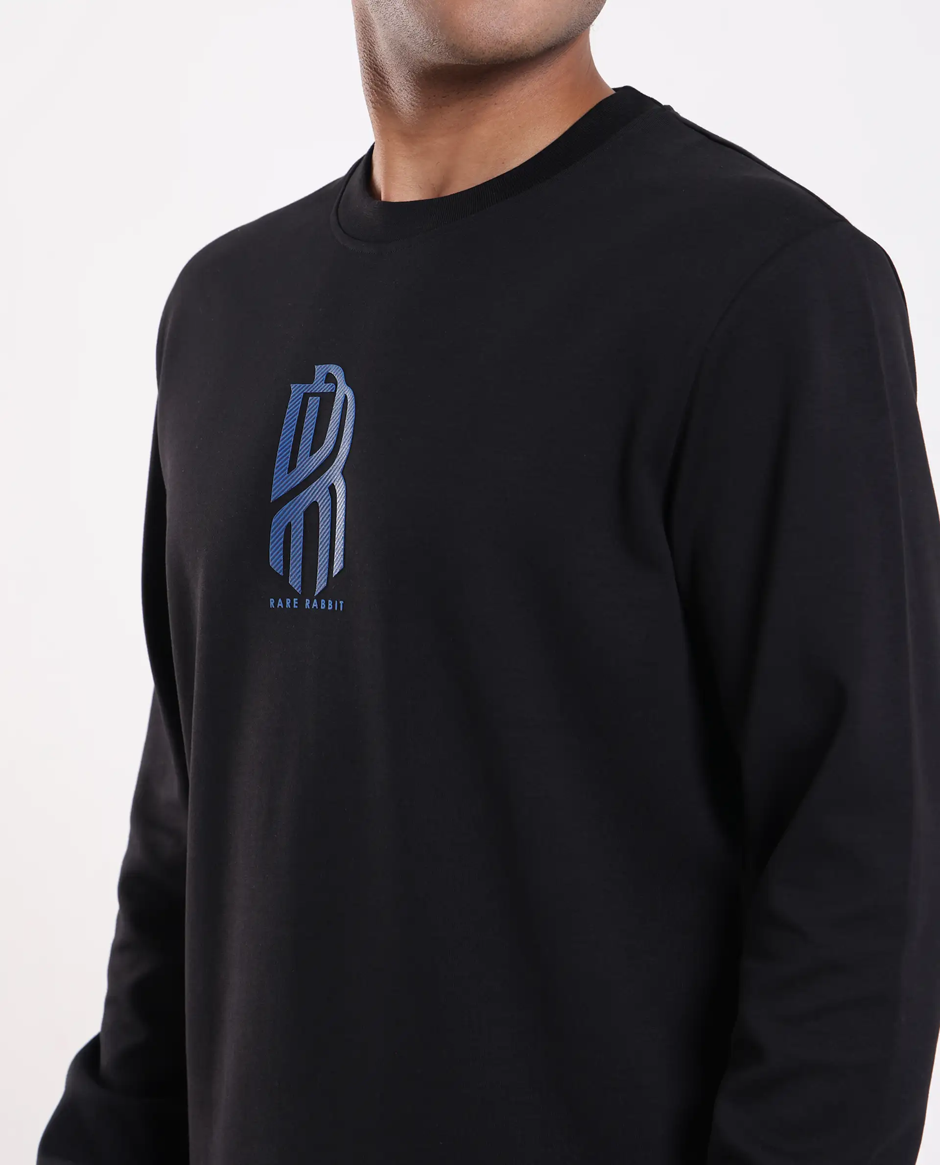 Rare Rabbit Men's Hayd Black Cotton Blend Graphic Print Relaxed Fit Full Sleeve Crew Neck Sweatshirt - Image 3