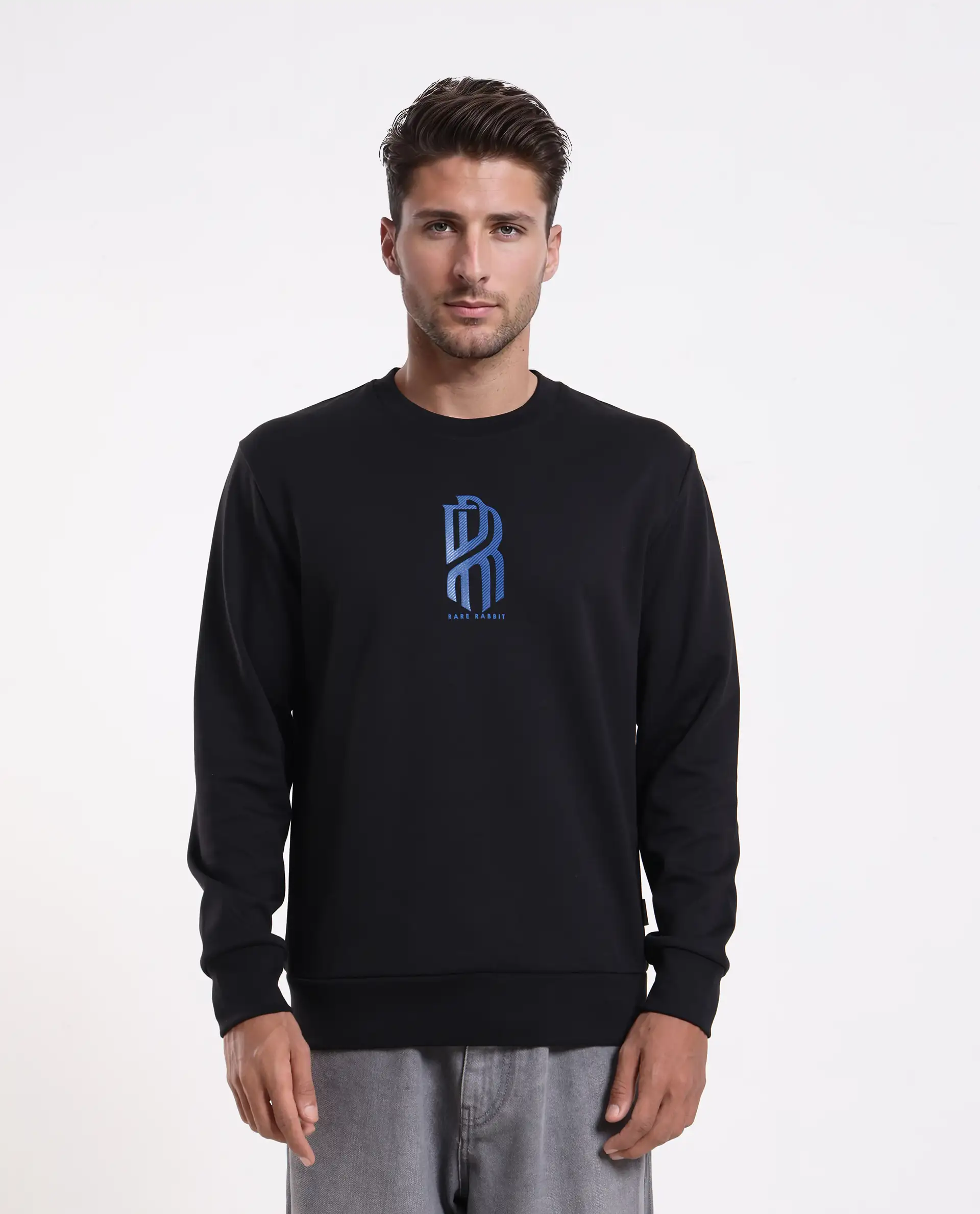 Rare Rabbit Men's Hayd Black Cotton Blend Graphic Print Relaxed Fit Full Sleeve Crew Neck Sweatshirt - Image 4