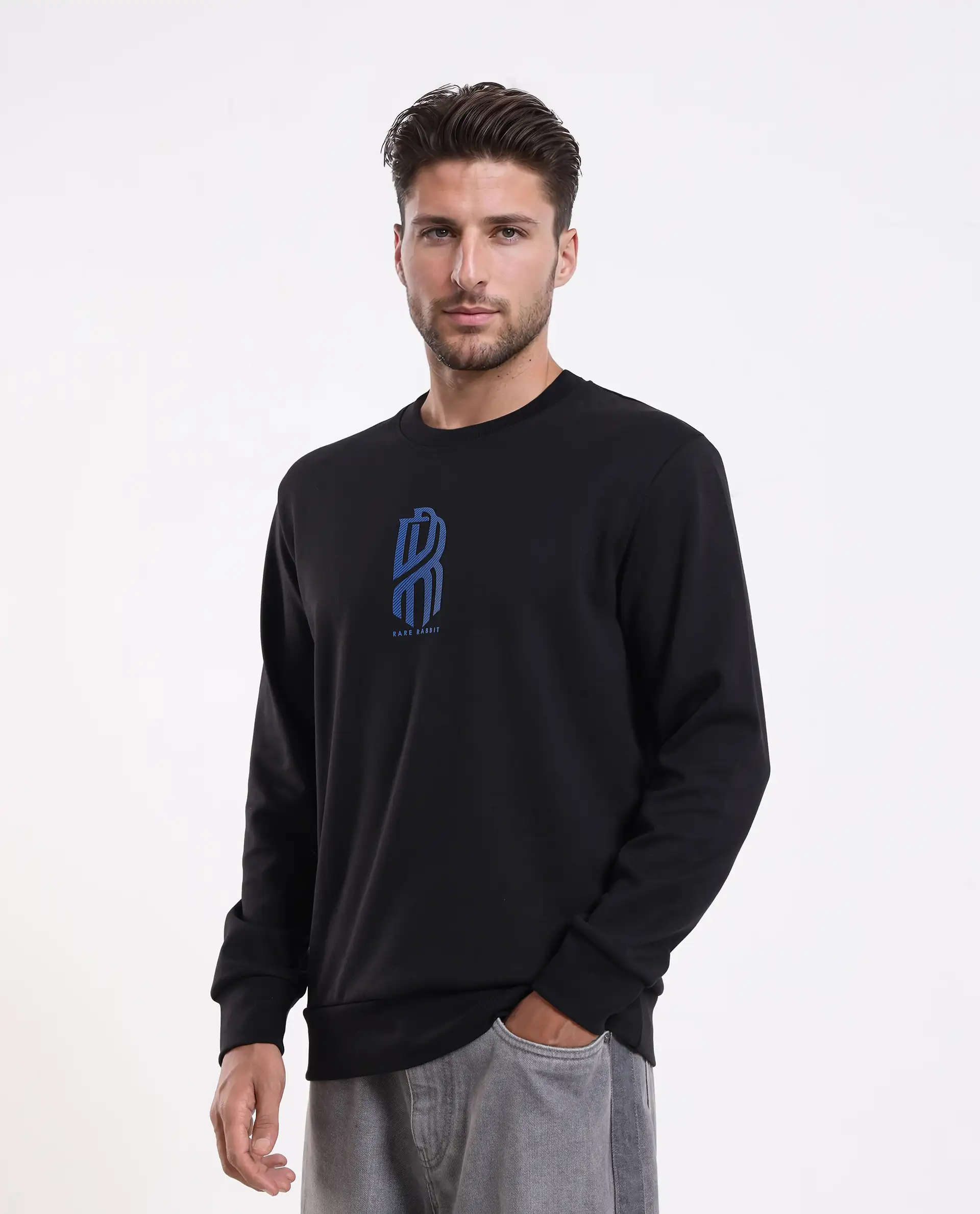 Rare Rabbit Men's Hayd Black Cotton Blend Graphic Print Relaxed Fit Full Sleeve Crew Neck Sweatshirt - Image 5