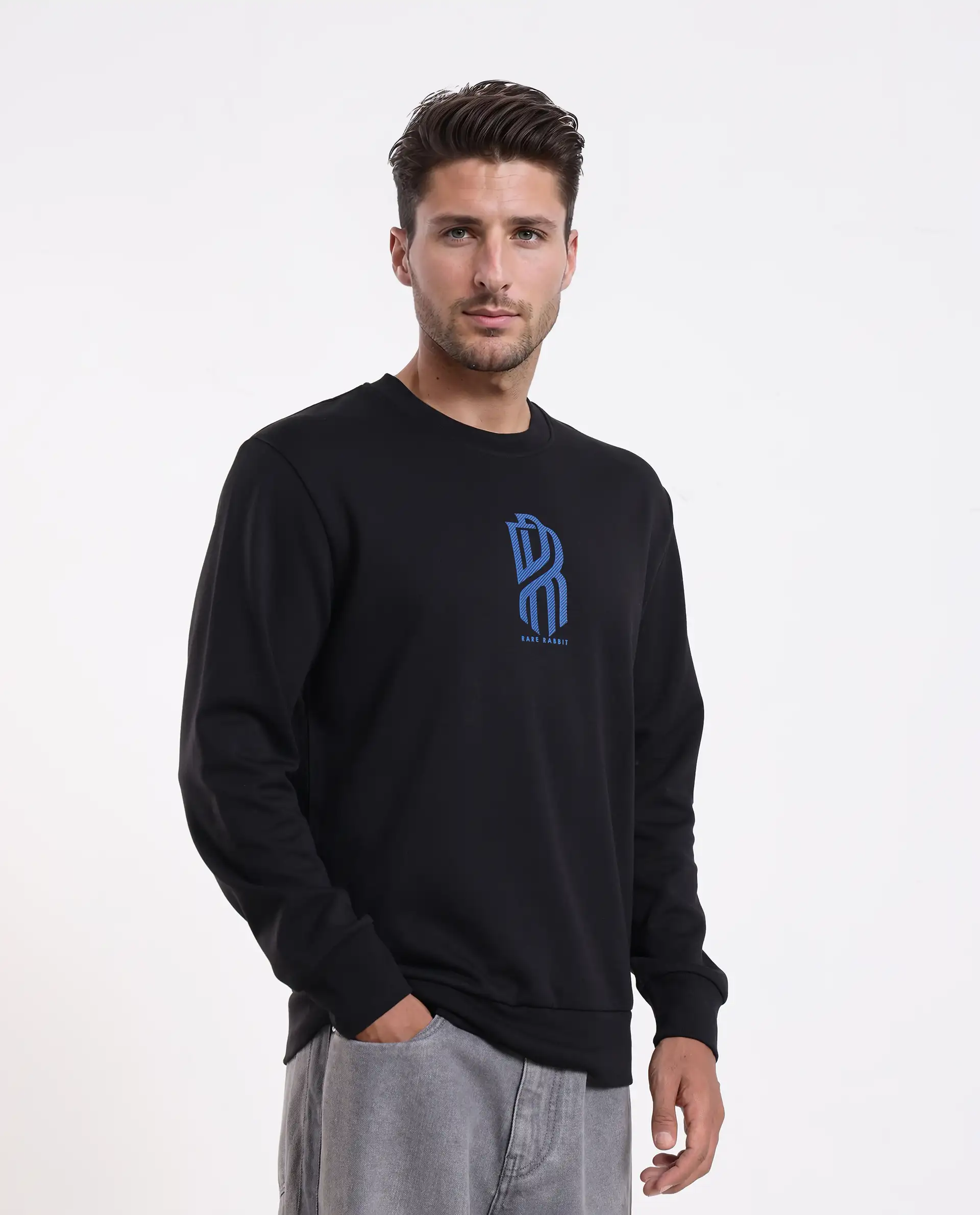 Rare Rabbit Men's Hayd Black Cotton Blend Graphic Print Relaxed Fit Full Sleeve Crew Neck Sweatshirt - Image 6