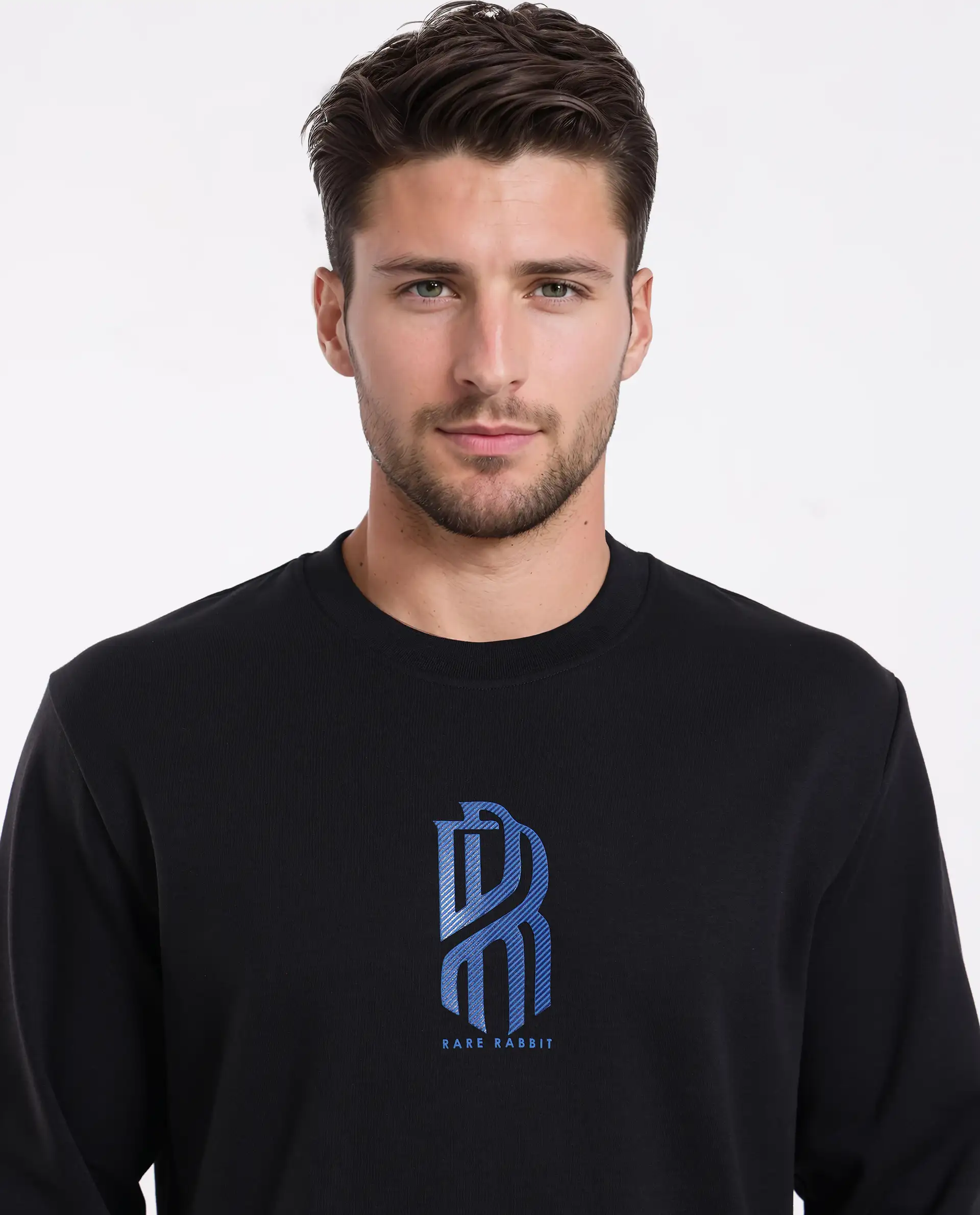 Rare Rabbit Men's Hayd Black Cotton Blend Graphic Print Relaxed Fit Full Sleeve Crew Neck Sweatshirt - Image 7