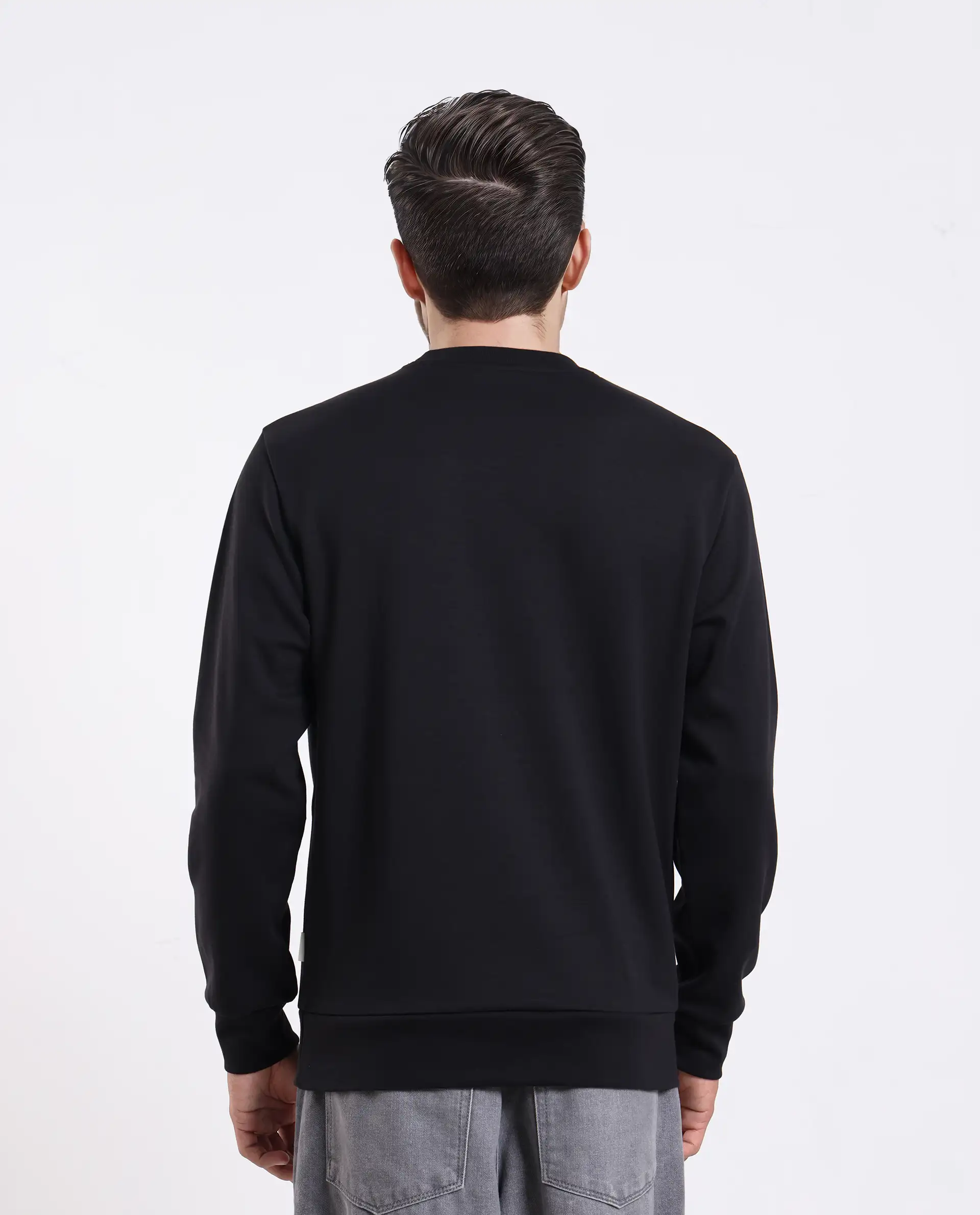 Rare Rabbit Men's Hayd Black Cotton Blend Graphic Print Relaxed Fit Full Sleeve Crew Neck Sweatshirt - Image 9