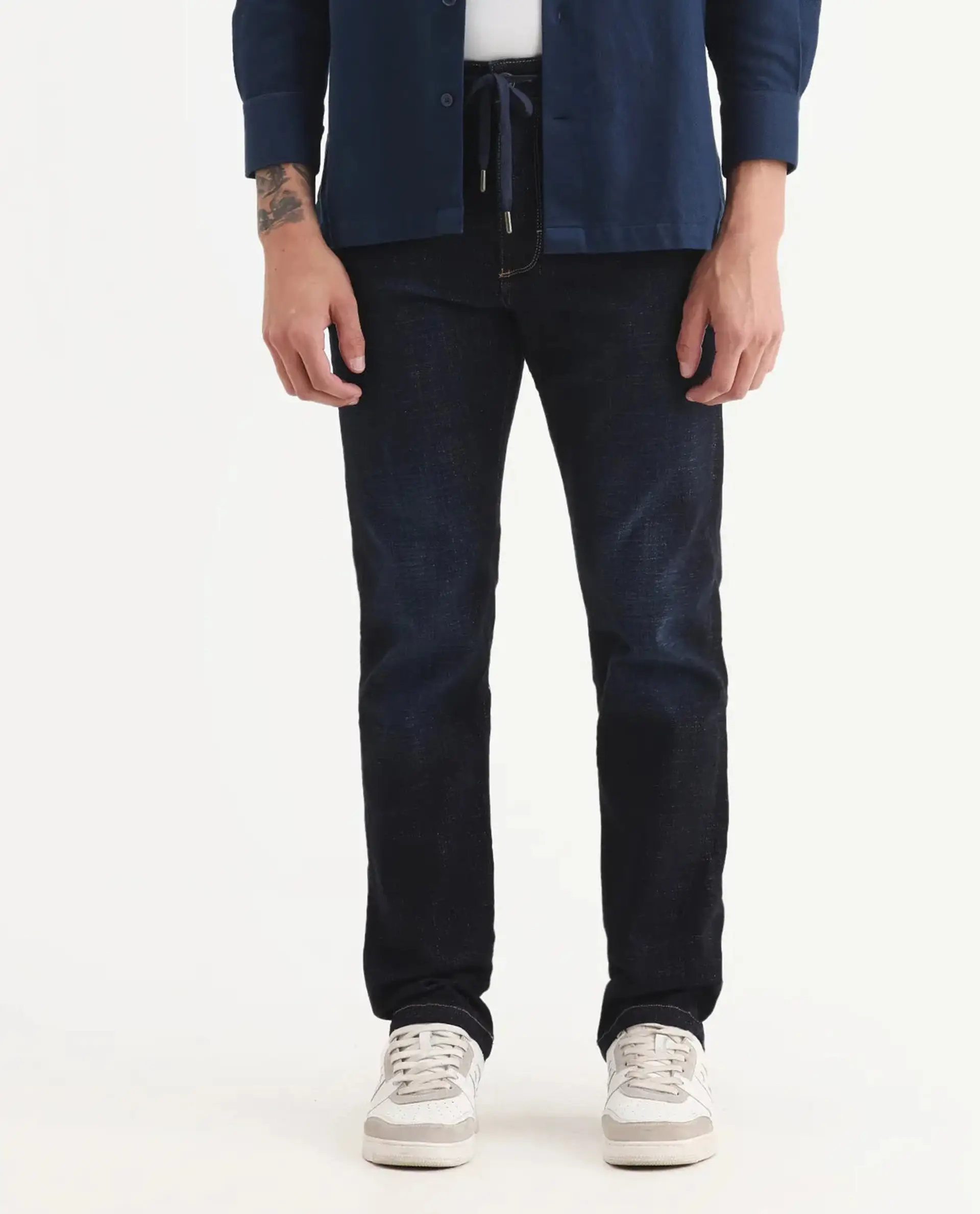 Rare Rabbit Men's Hayk Dark Blue Cotton Blend Plain Morris Regular Fit Jeans - Image 8