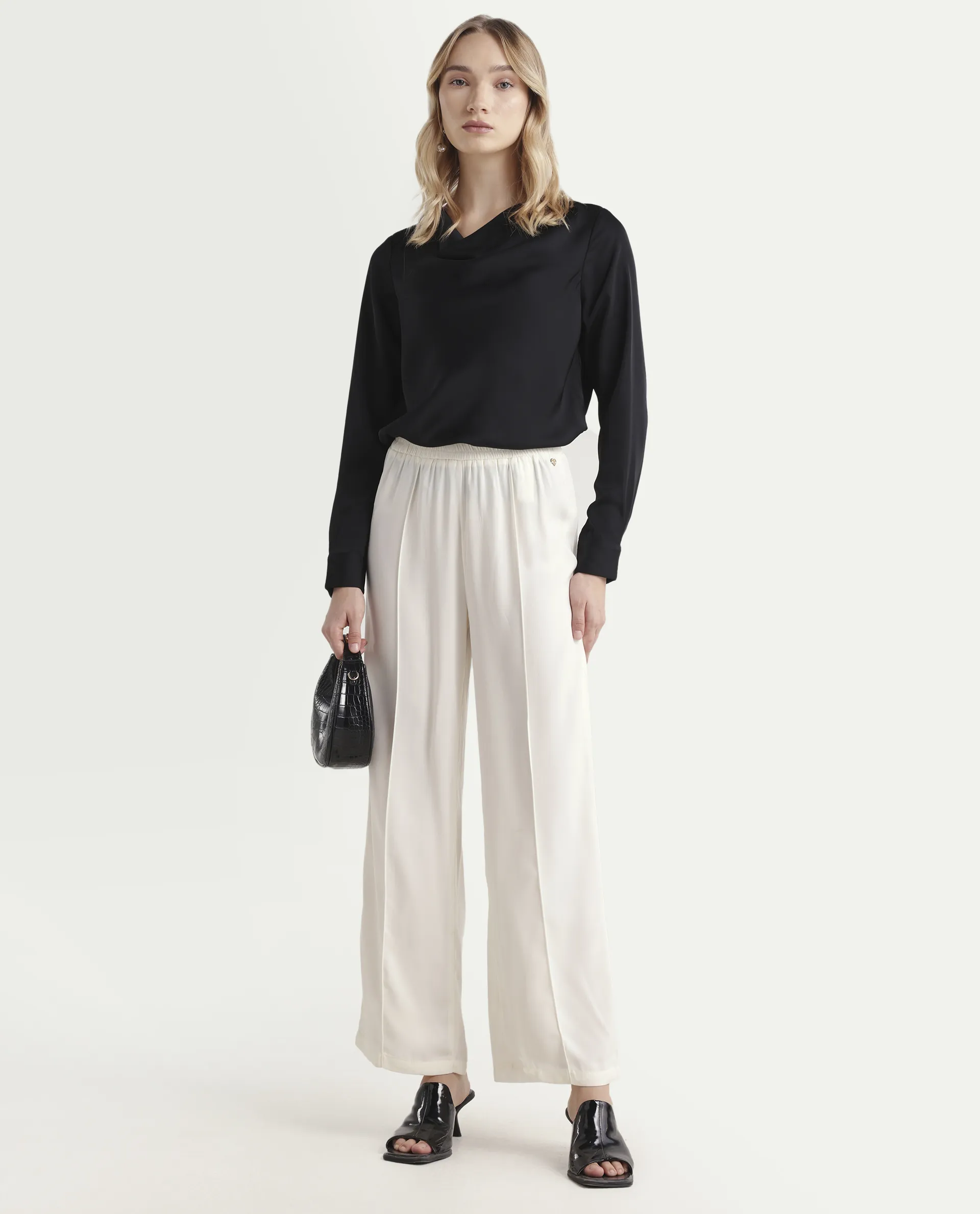 Rareism Women's Haz Light Off White Polyester Plain Ankle Length Wide Trouser