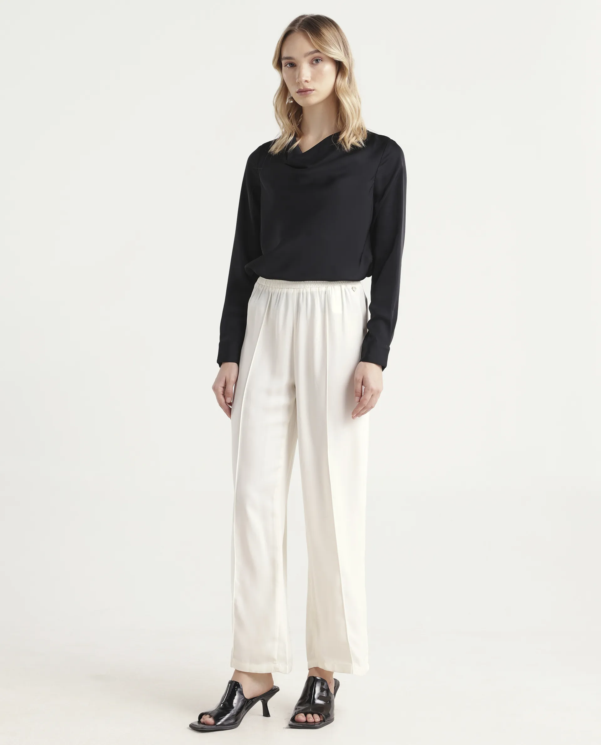 Rareism Women's Haz Light Off White Polyester Plain Ankle Length Wide Trouser - Image 4